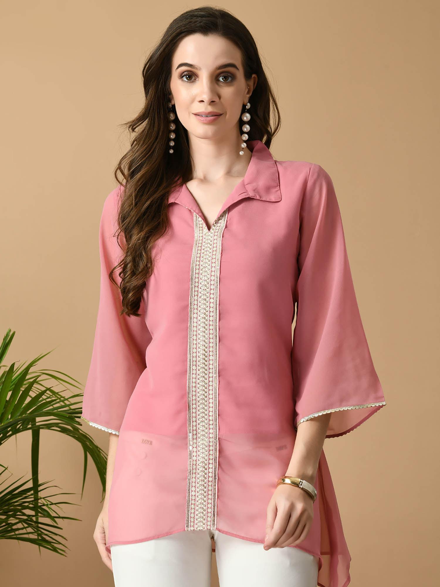 women pink embroidered party fusion tunic