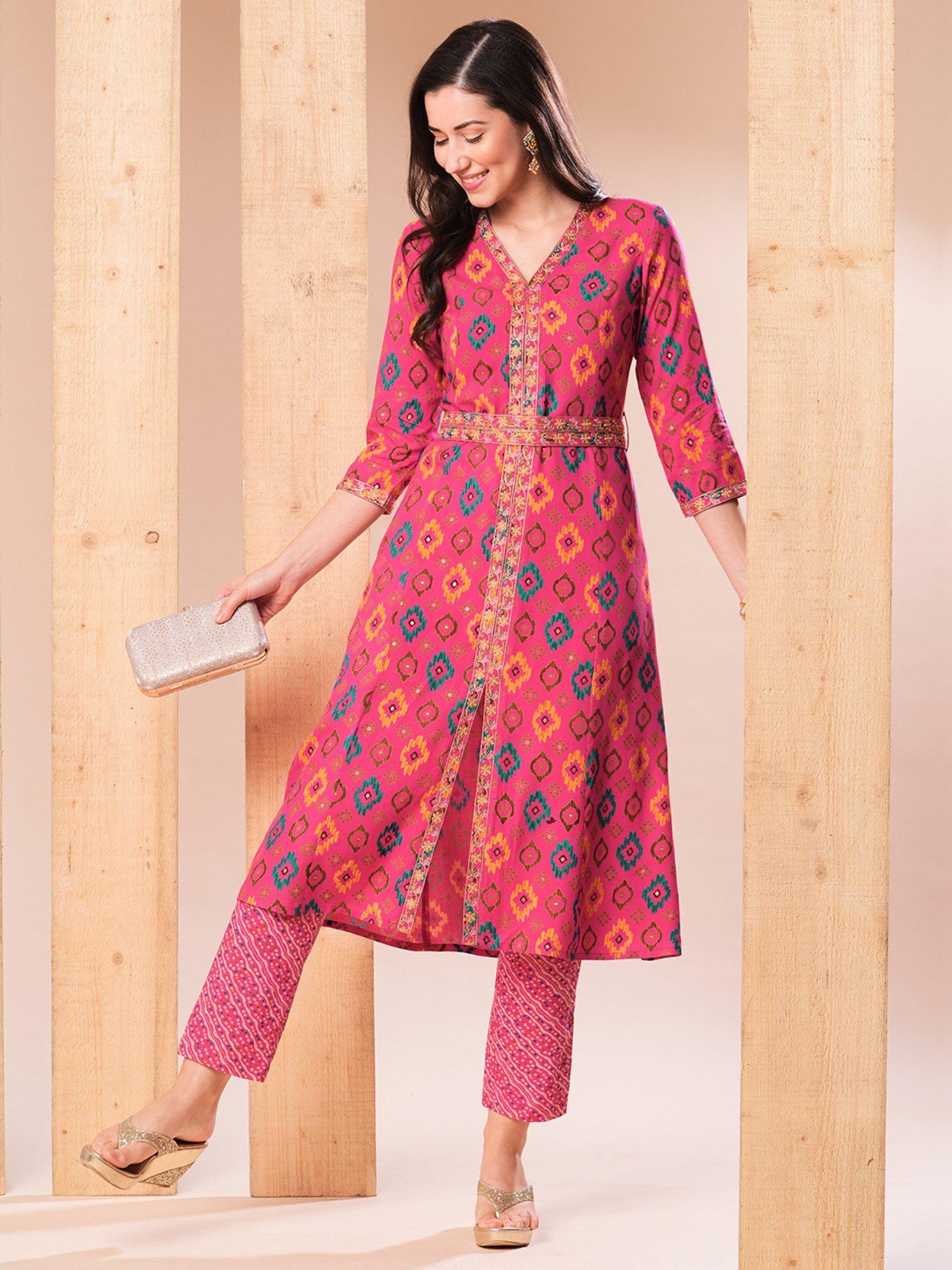 women pink embroidered placket a-line kurta with pants belt (set of 3)