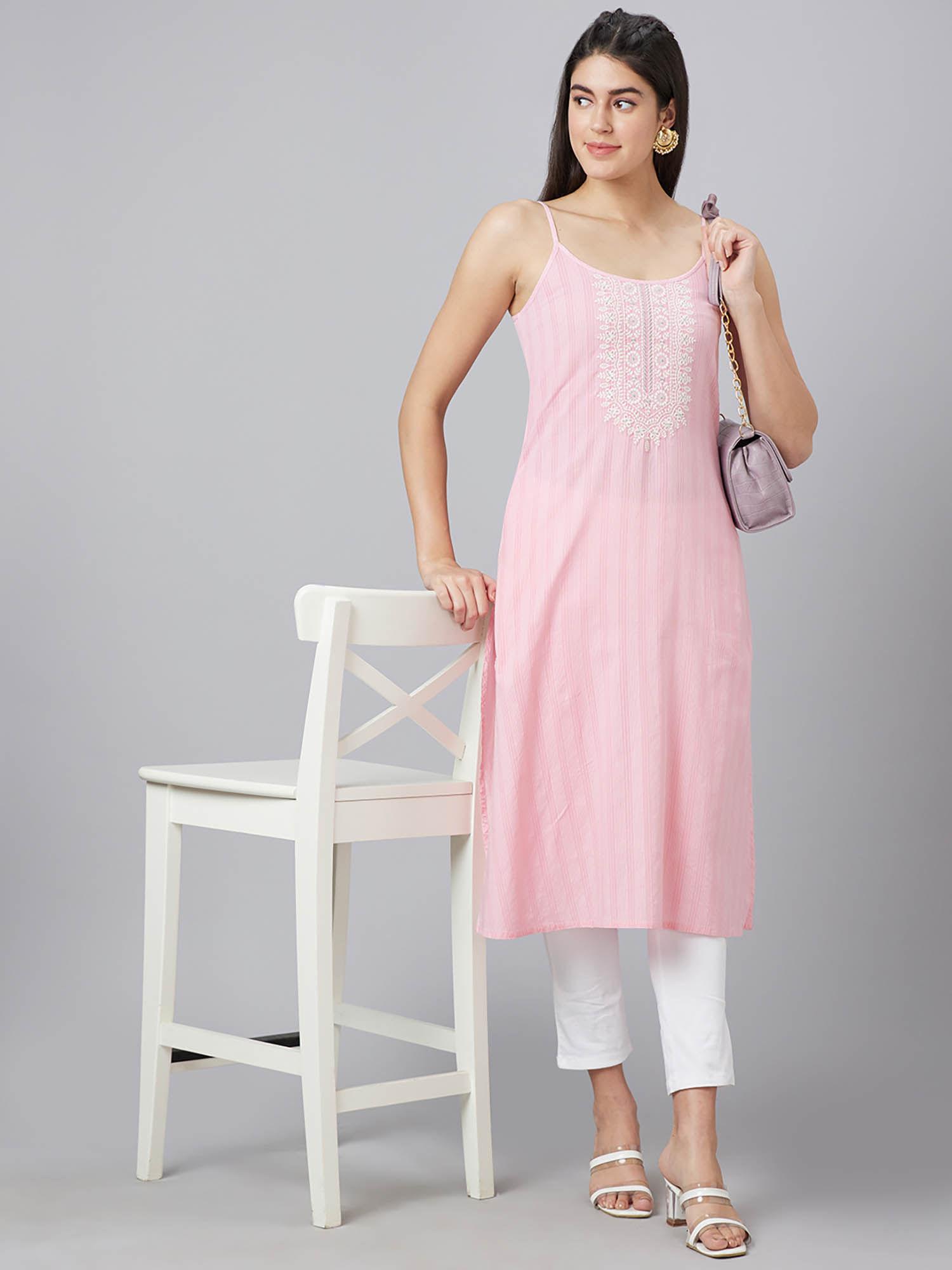 women pink embroidered strappy a-line kurta