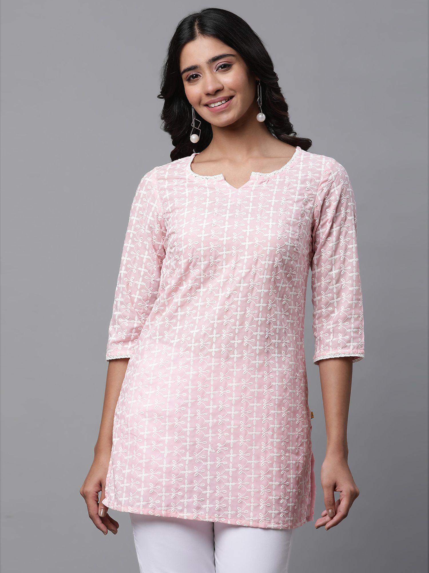 women pink embroidered three fourth sleeves round neck kurti