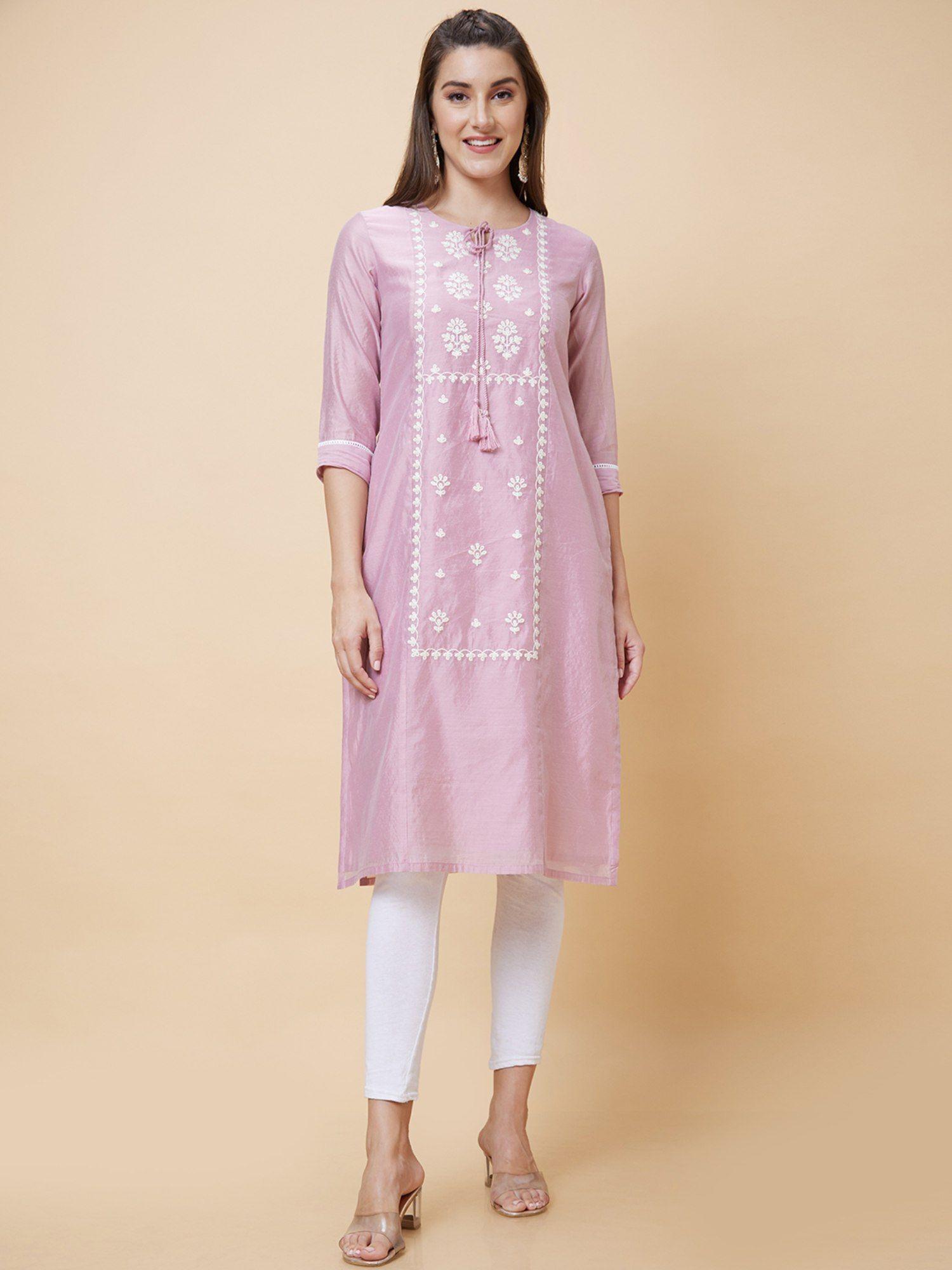 women pink embroidered tie-up neck straight kurta