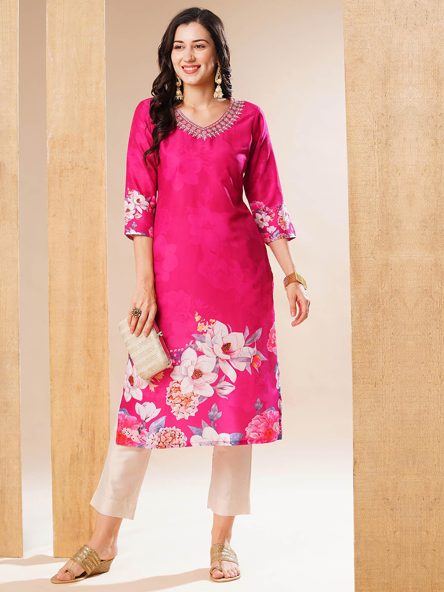 women pink embroidered v-neck & allover floral printed straight kurta