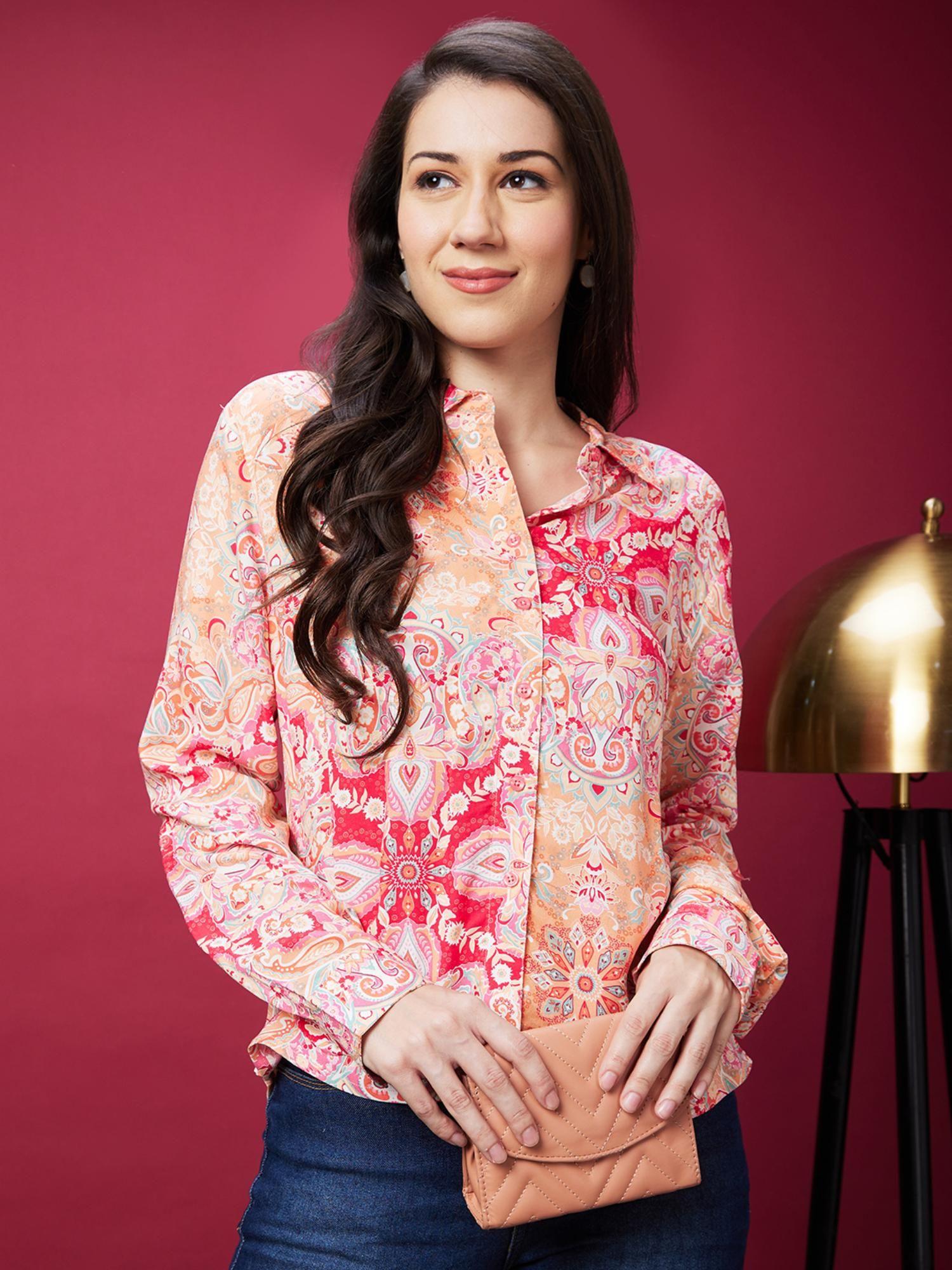 women pink ethnic motif print shirt style casual shirt