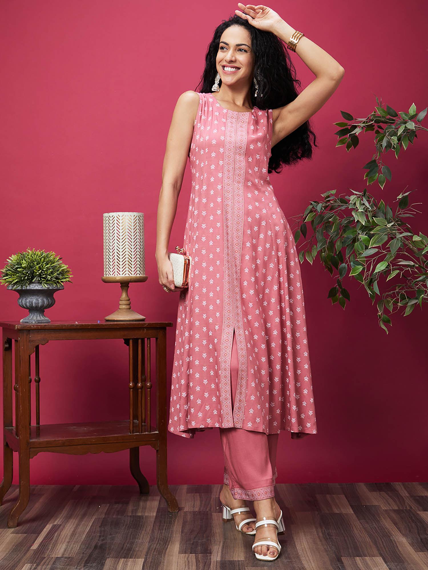 women pink ethnic motifs print kurta with trousers (set of 2)