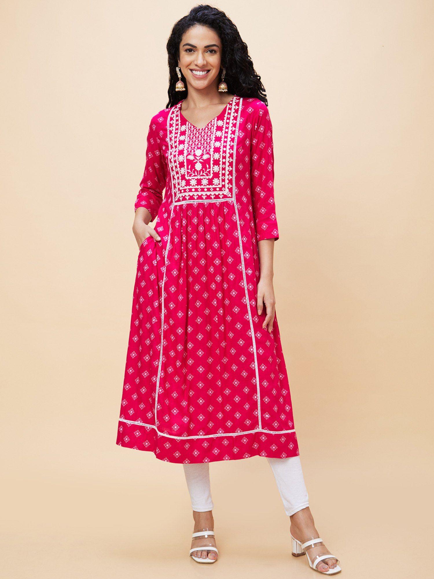 women pink ethnic motifs print v-neck yoke embroidered panelled a-line kurta