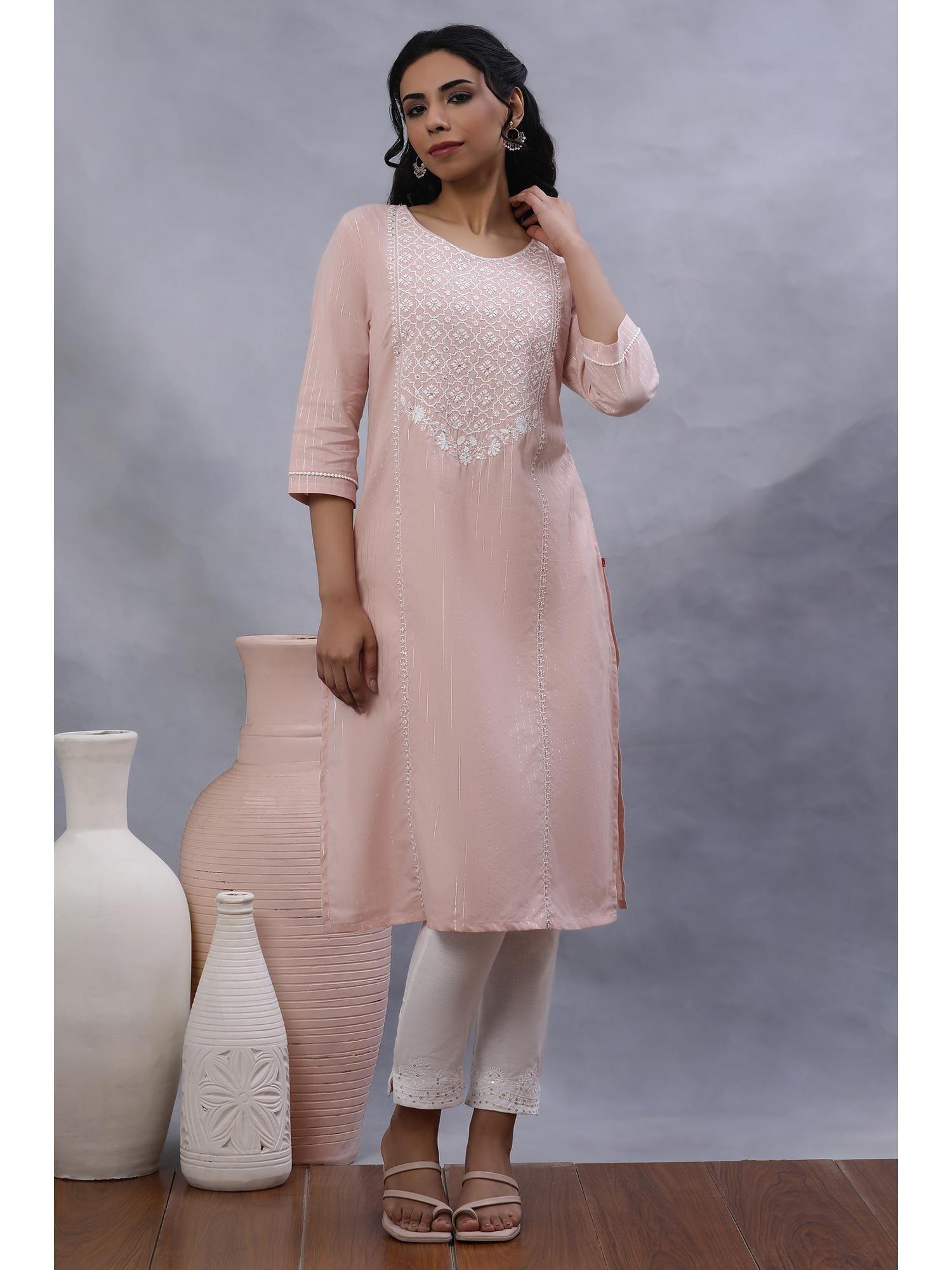 women pink festive solid cotton straight kurta