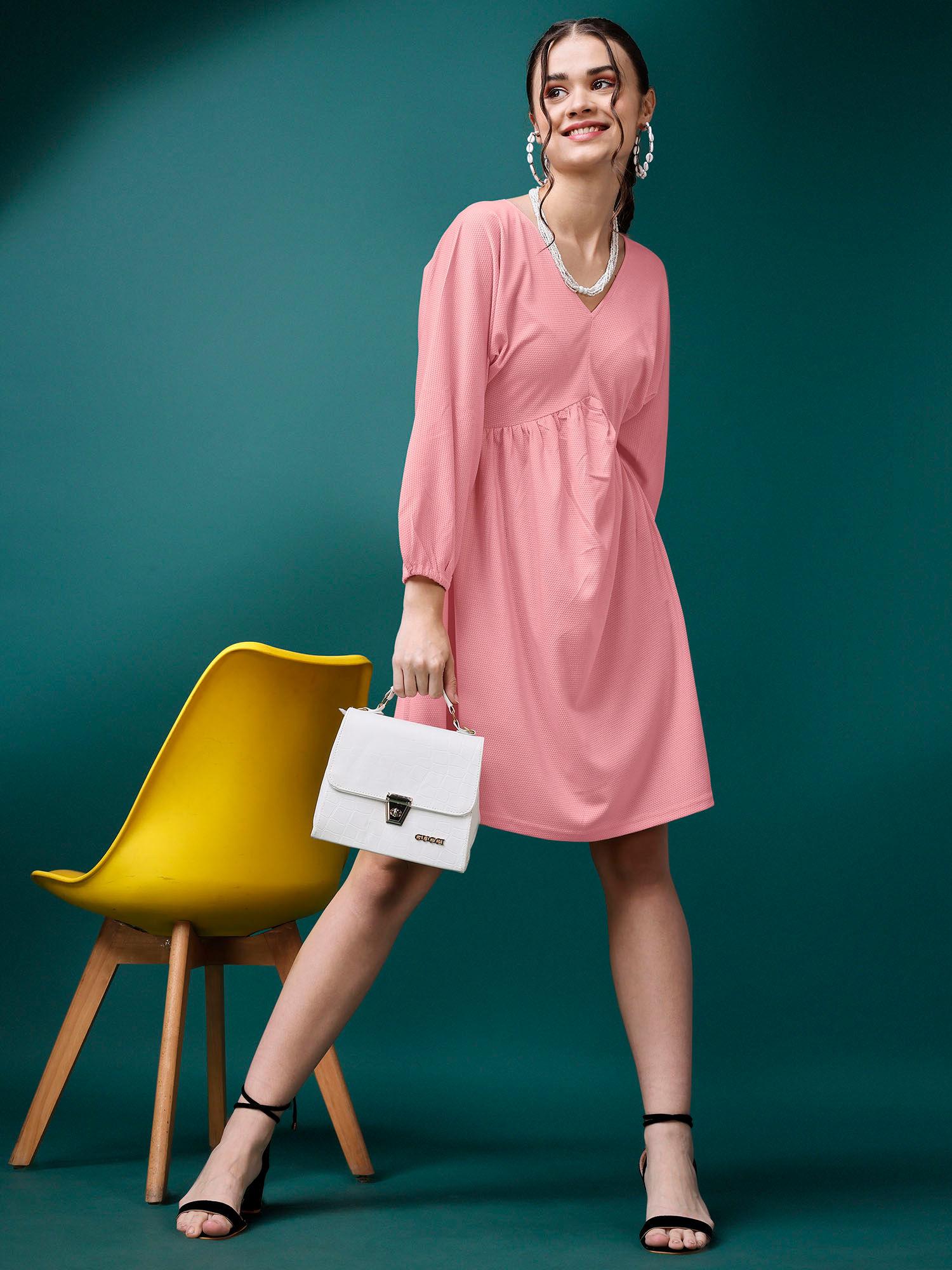 women pink flared dress