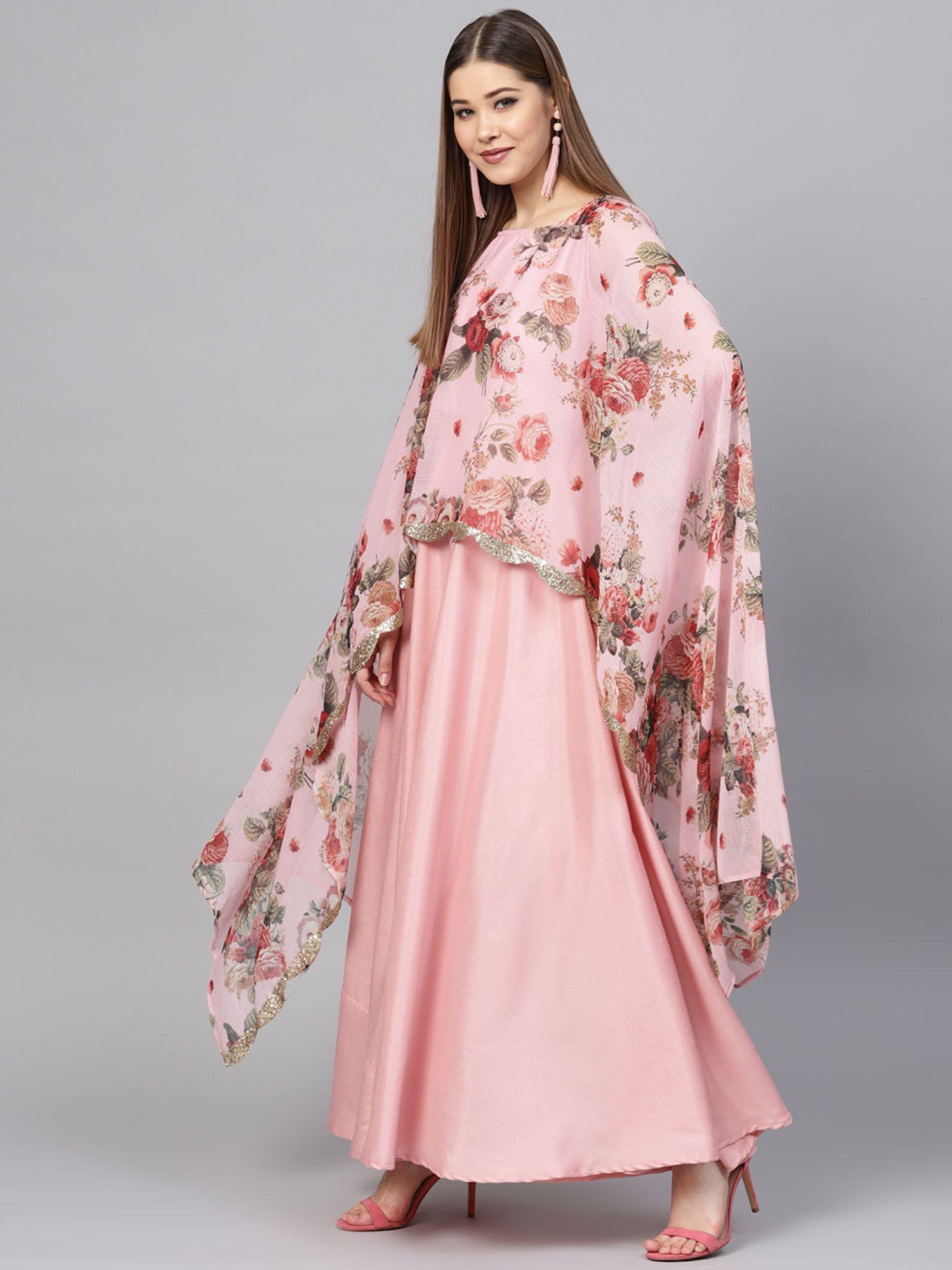 women pink floral a line fusion dresses