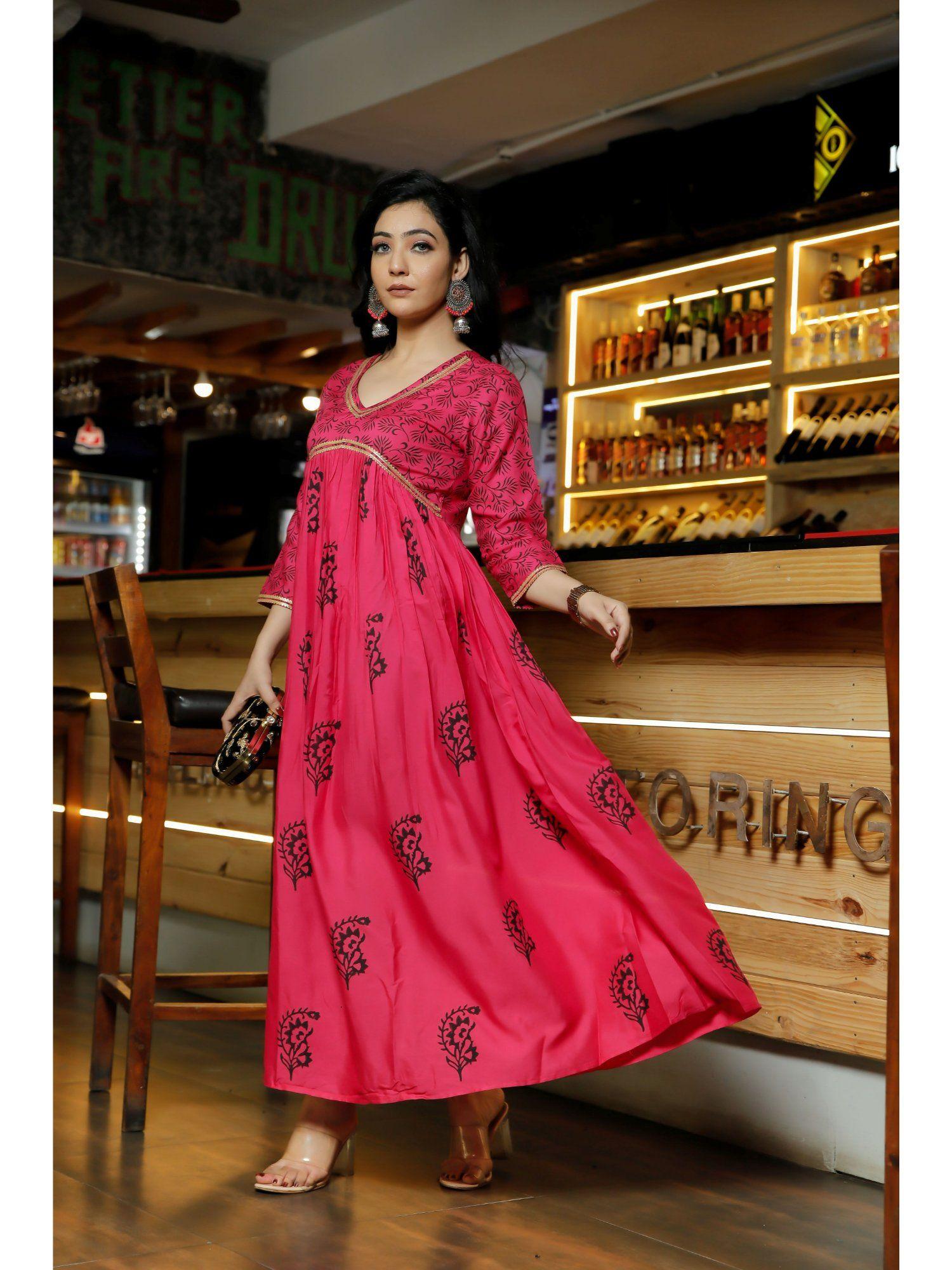 women pink floral block print flared kurta