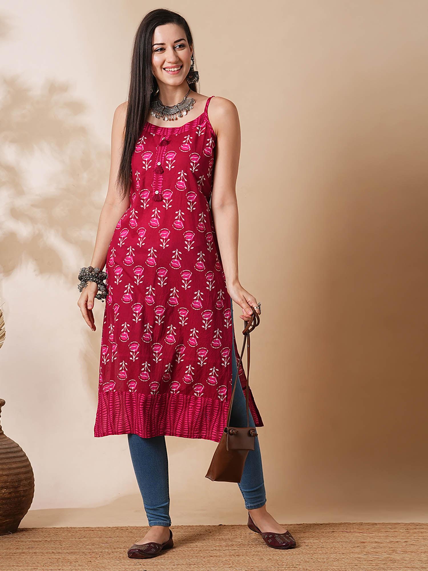 women pink floral block print strappy shoulder calf length a-line kurta