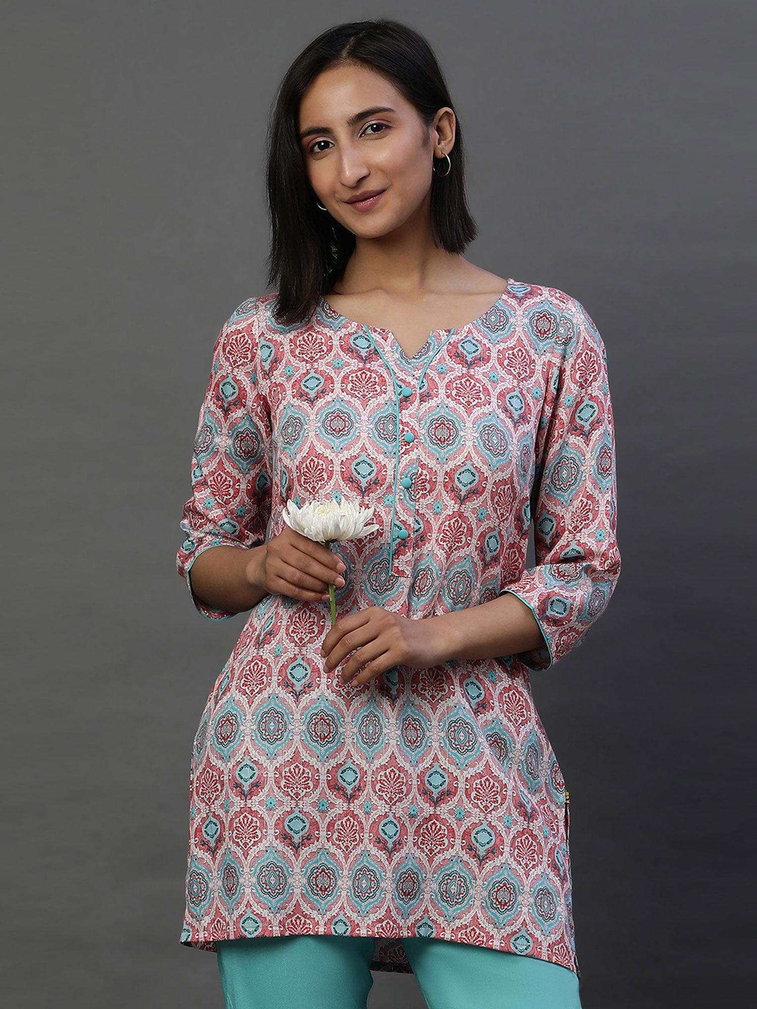 women pink floral cotton kurti