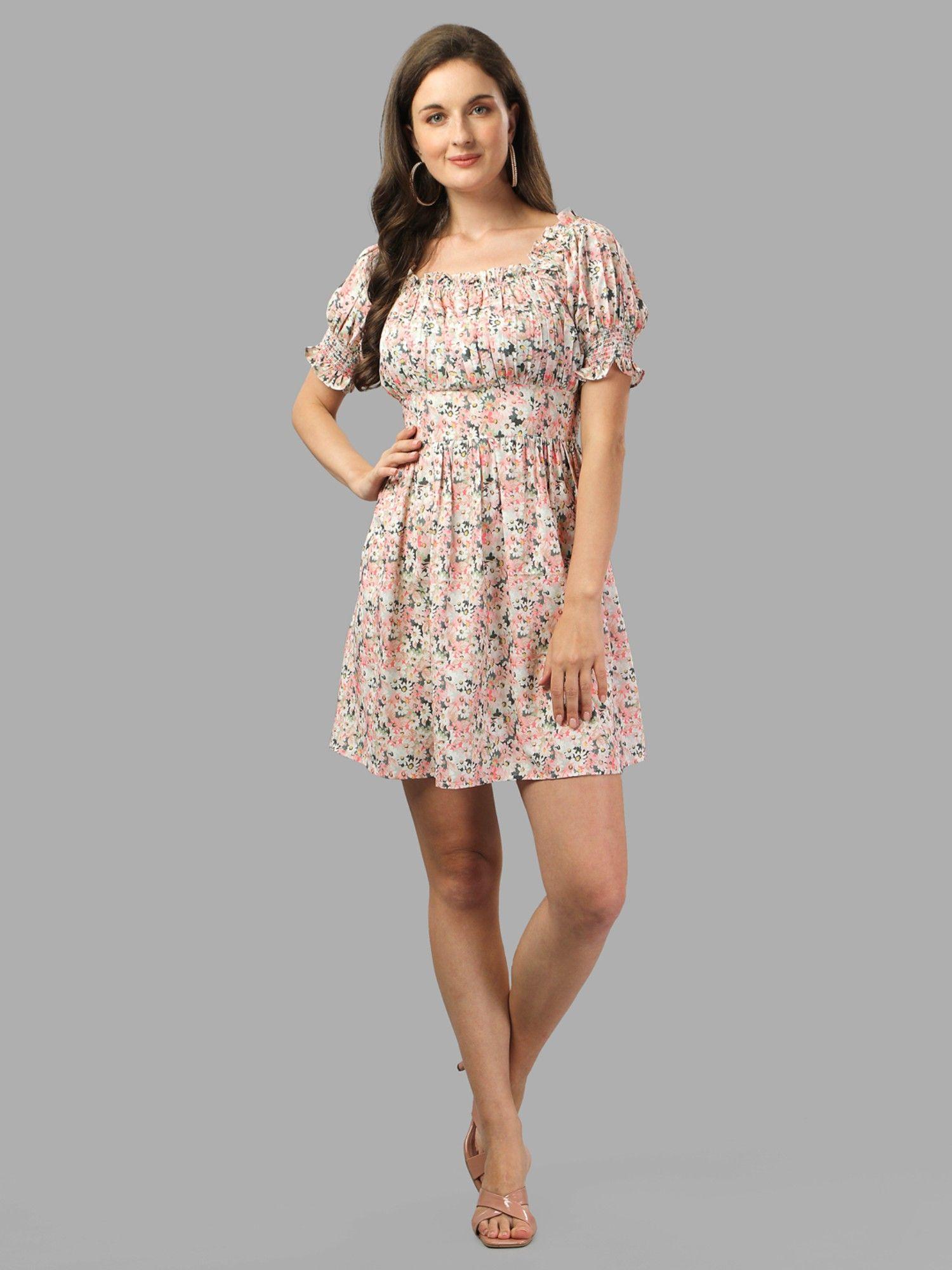 women pink floral crepe dress