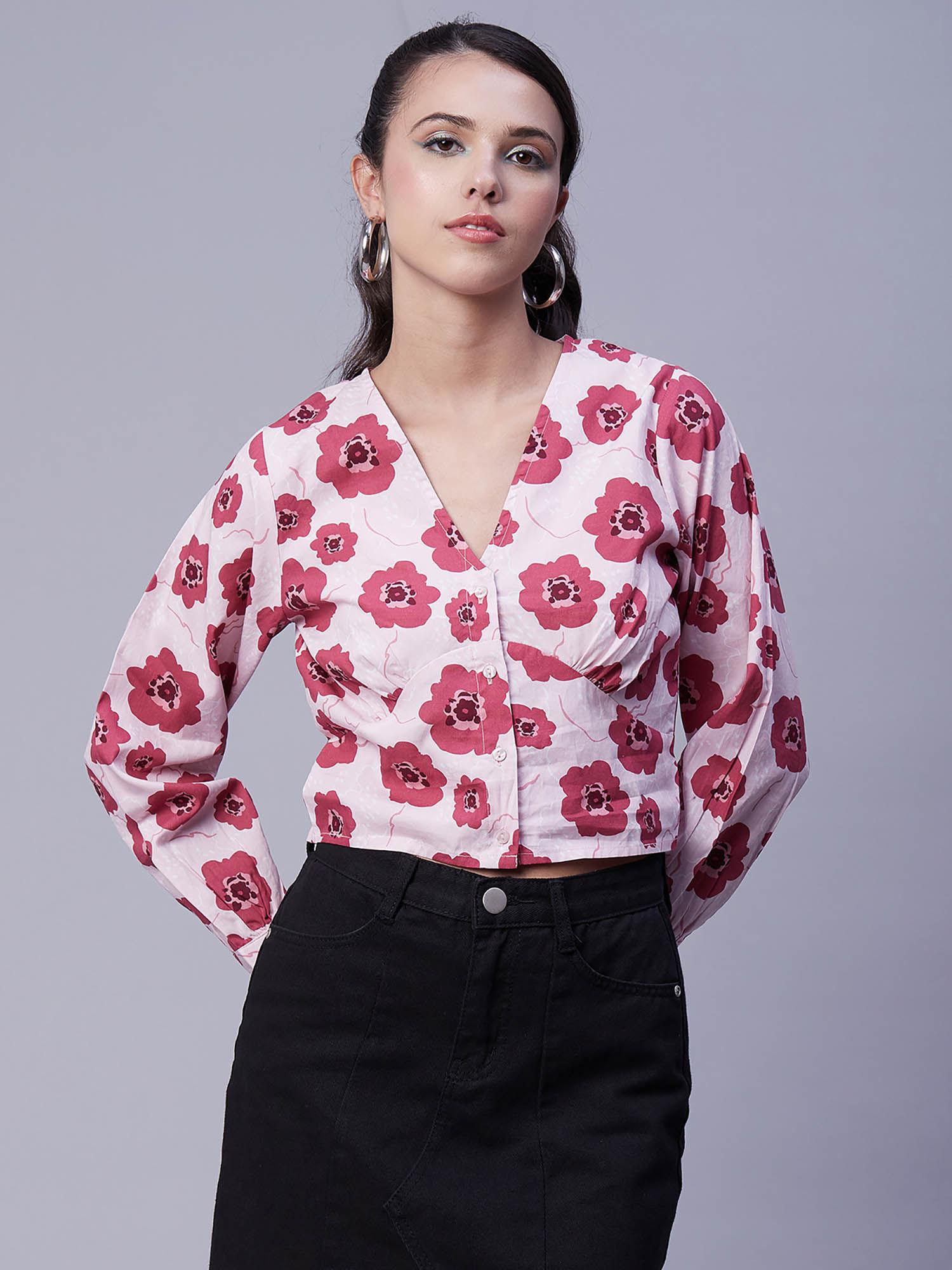 women pink floral full sleeves crop top