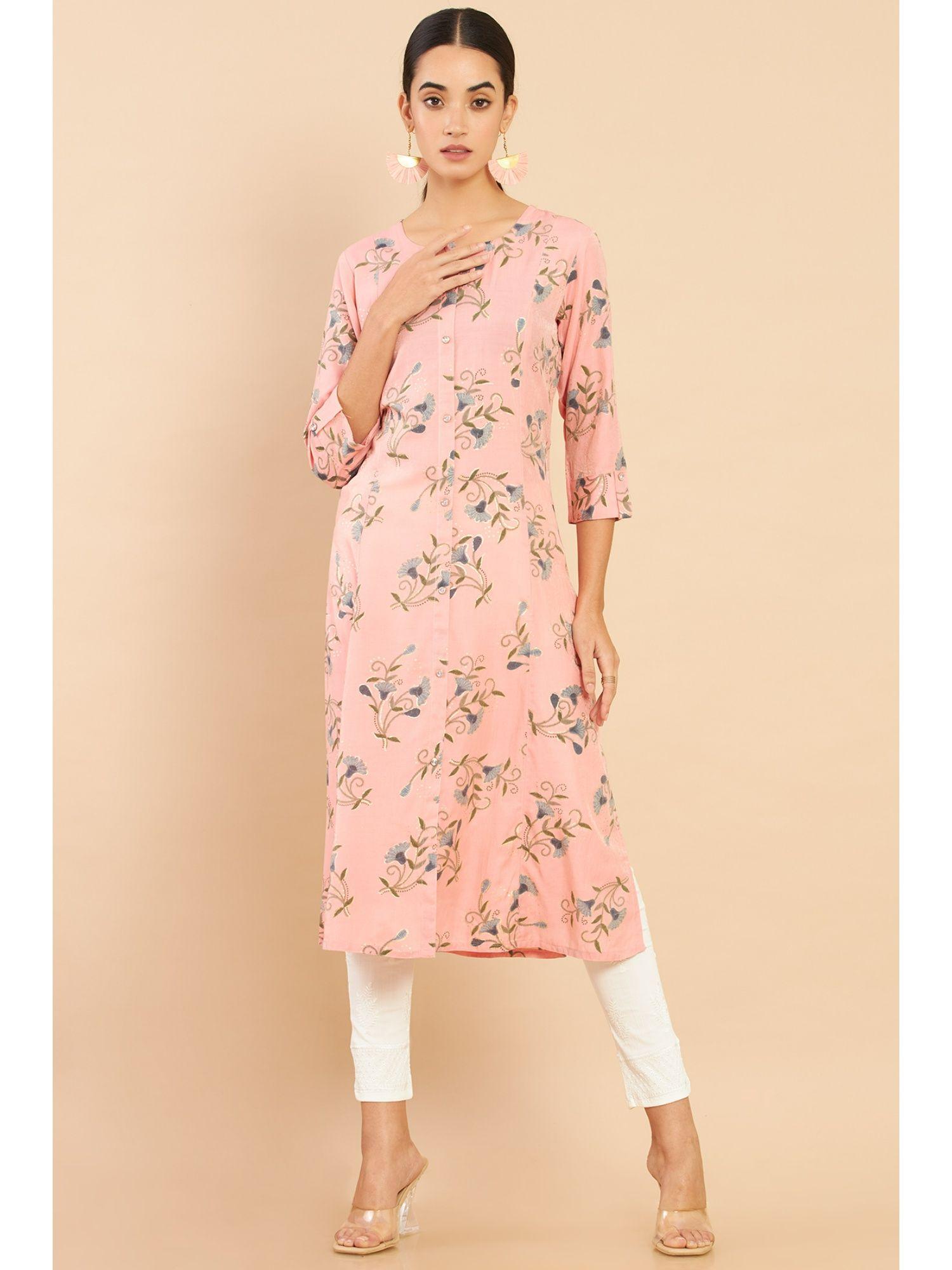 women pink floral kurta