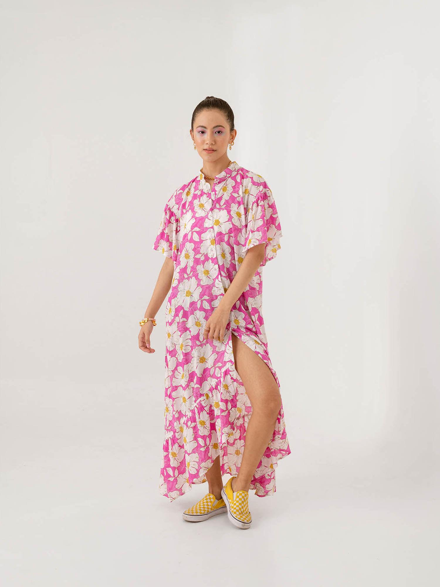 women pink floral maxi dress