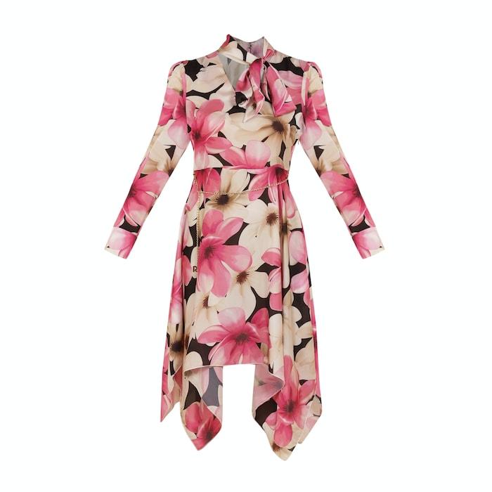 women pink floral print asymmetrical midi dress