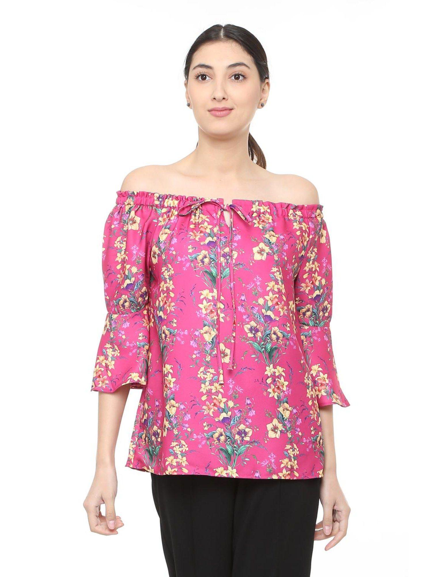 women pink floral print casual top