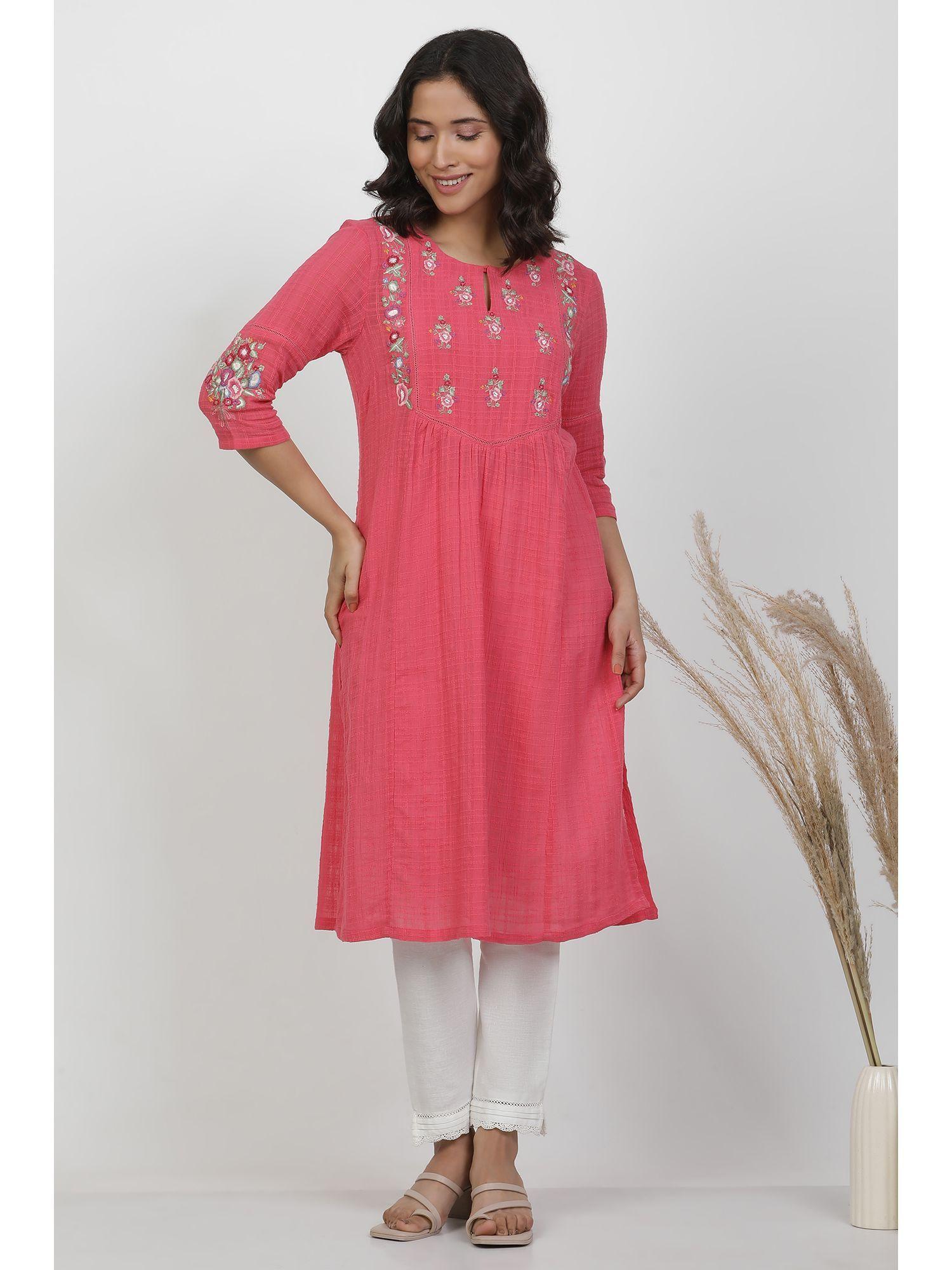 women pink floral print cotton straight kurta