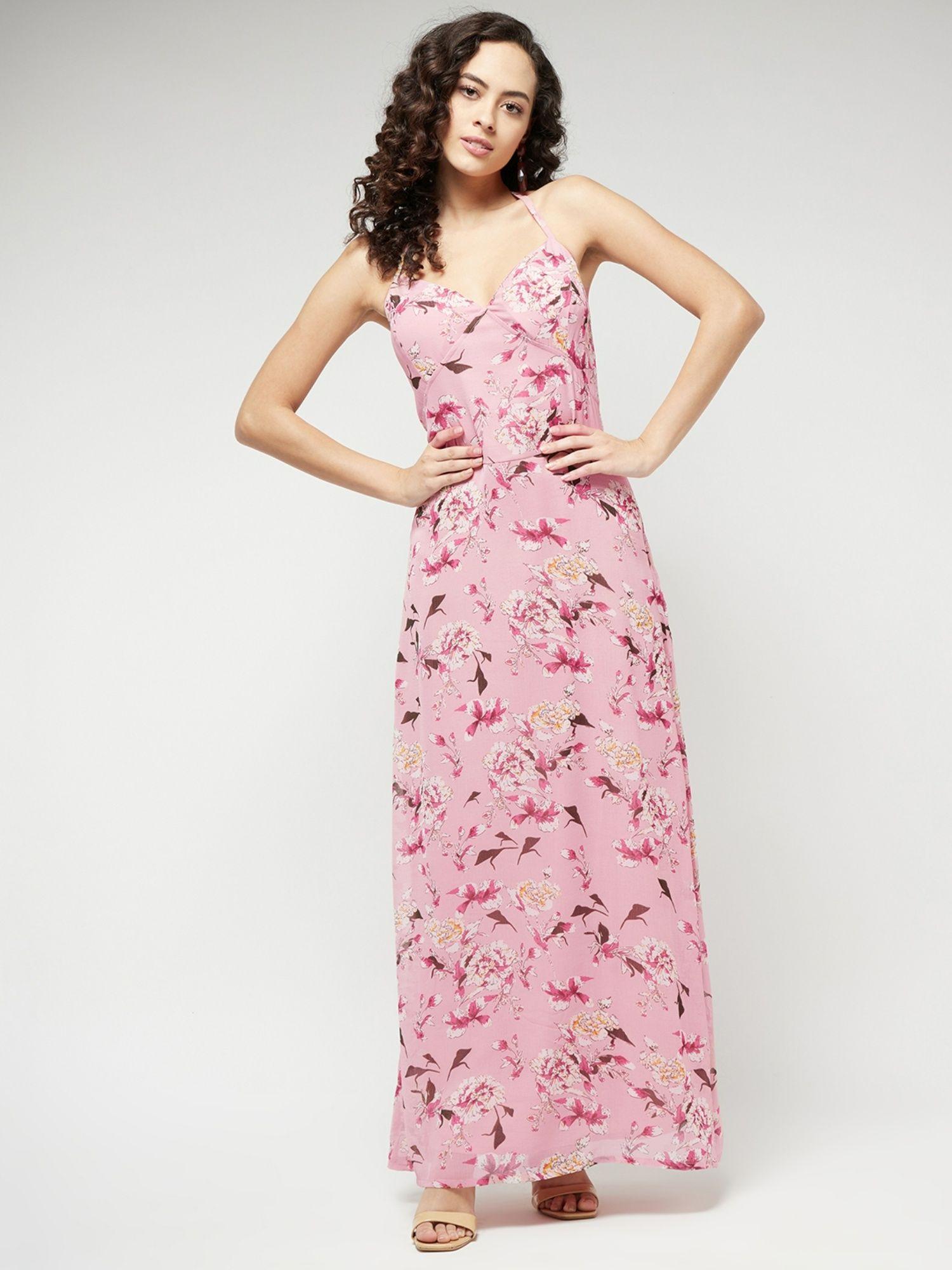 women pink floral print maxi dress