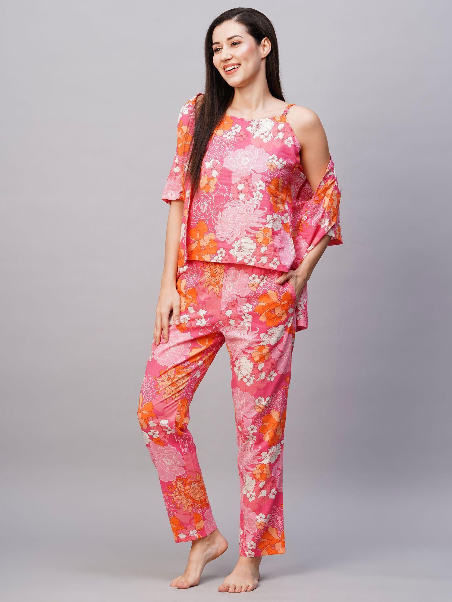 women pink floral print night suit (set of 3)