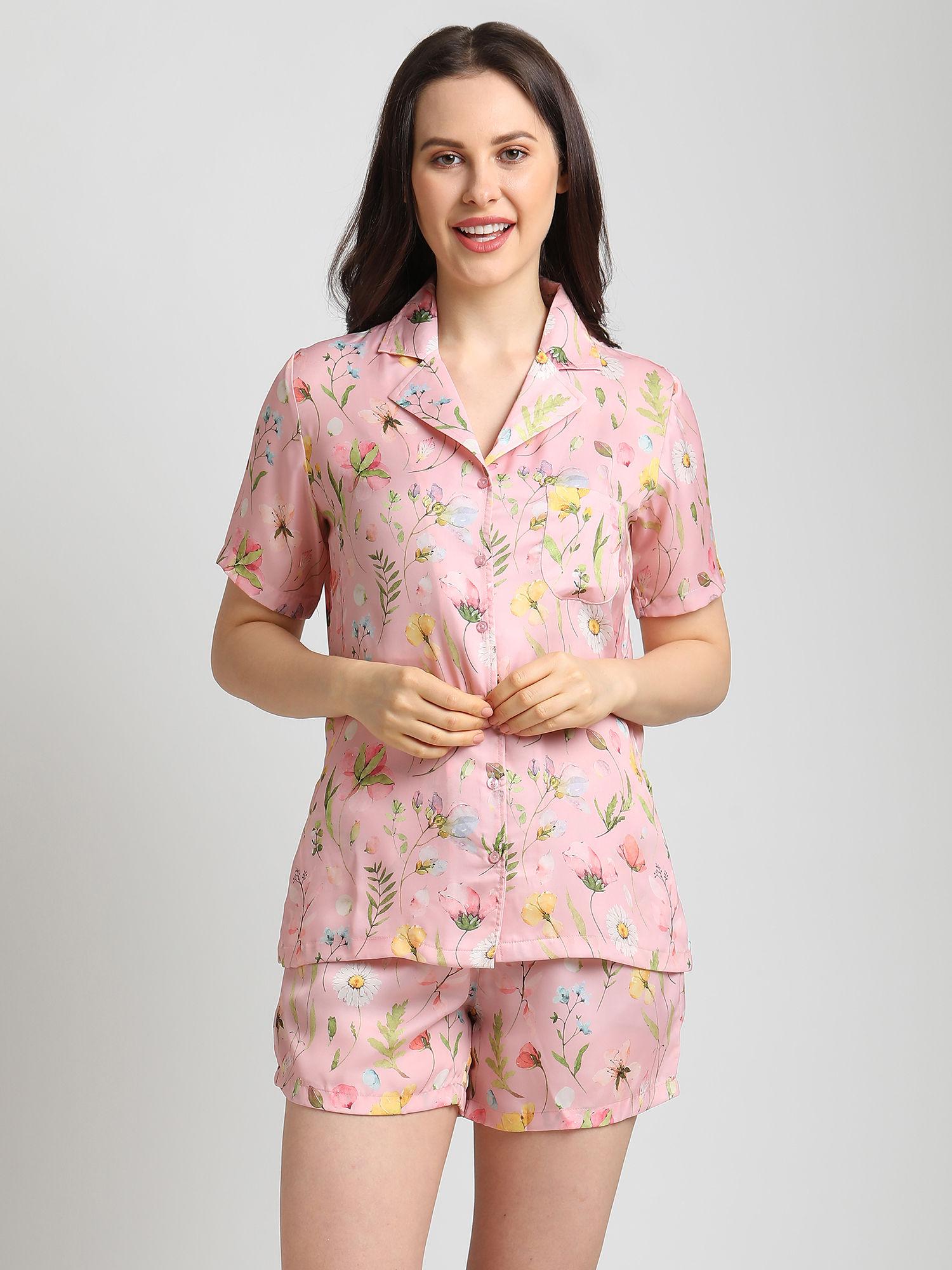 women pink floral print night suit