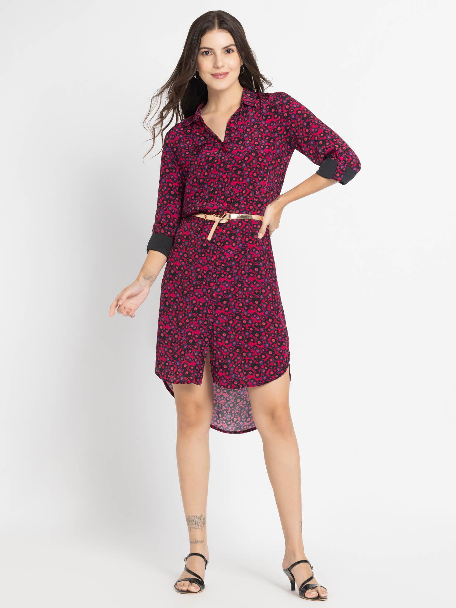 women pink floral print shirt dress