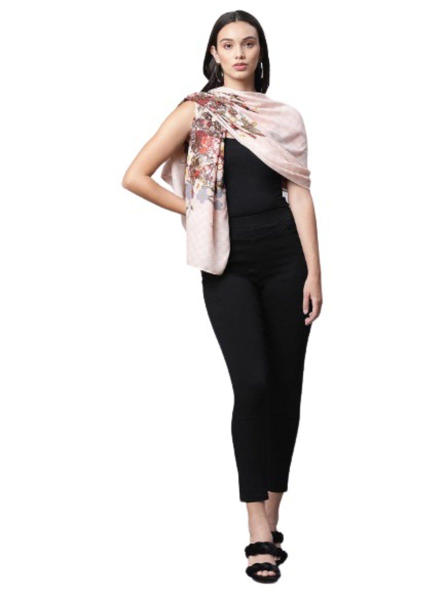 women pink floral print silk stole