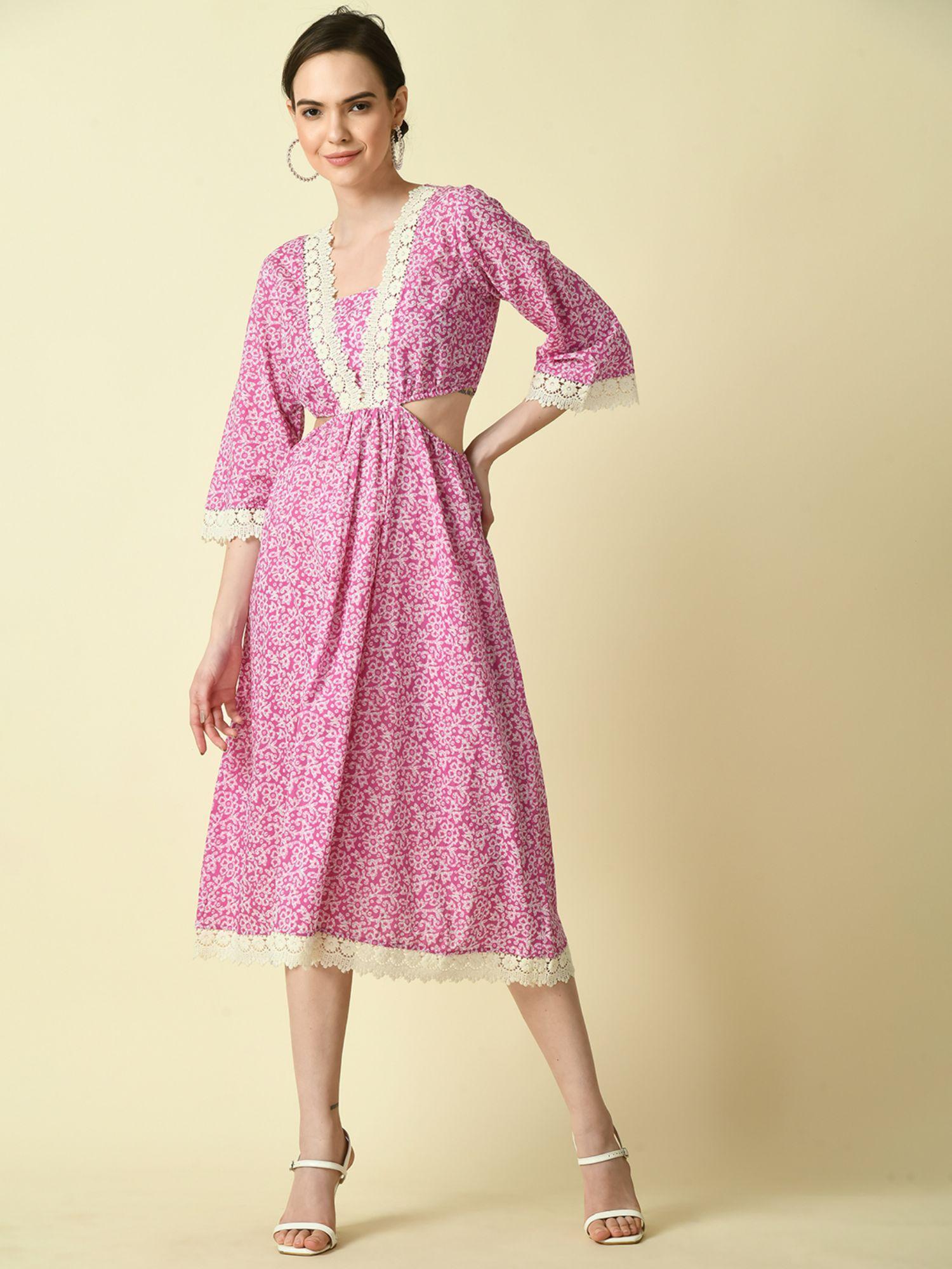 women pink floral printed fit and flare dress