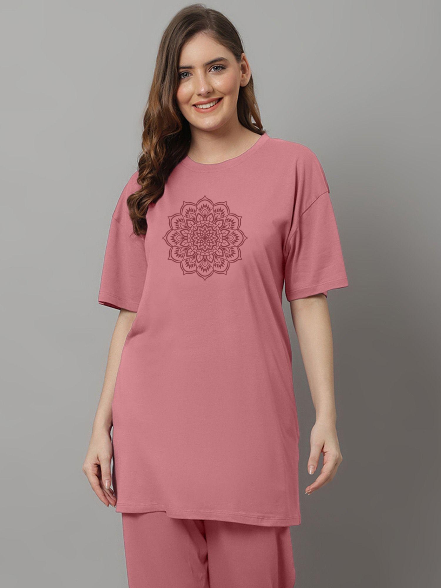women pink floral printed loose t-shirt