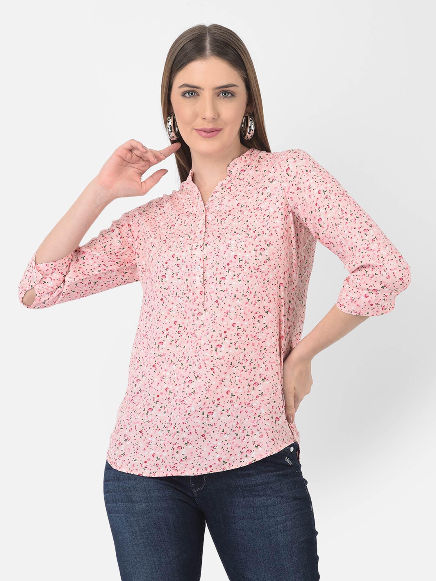 women pink floral printed mandarin collar top