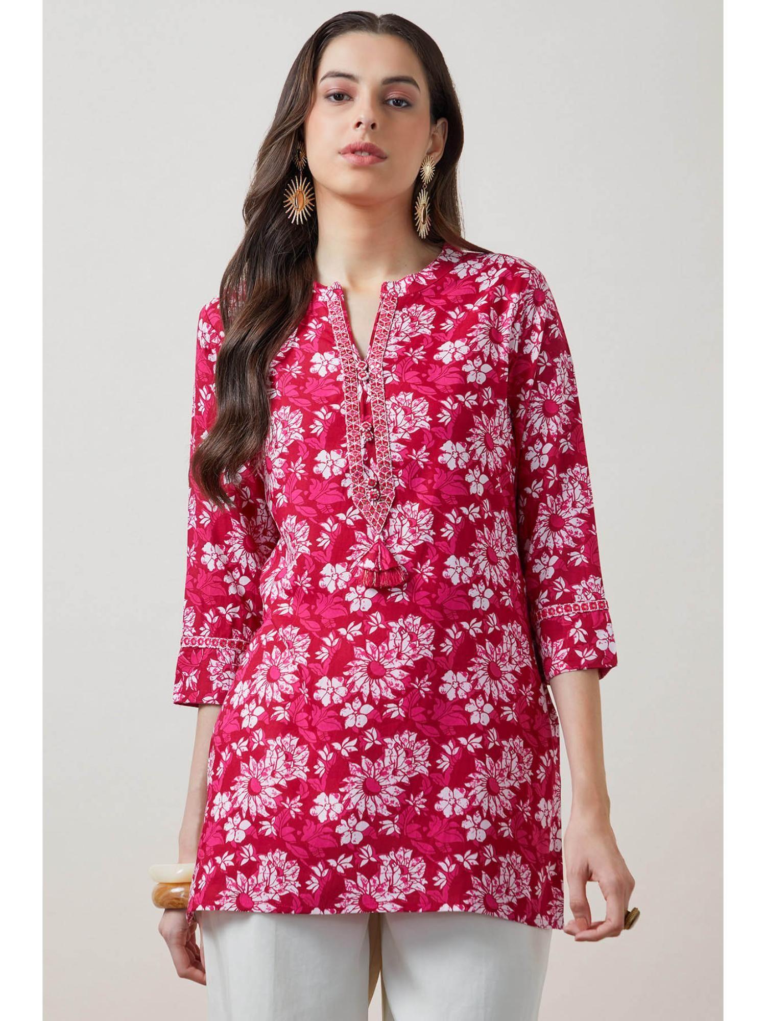 women pink floral printed regular fit rayon kurti