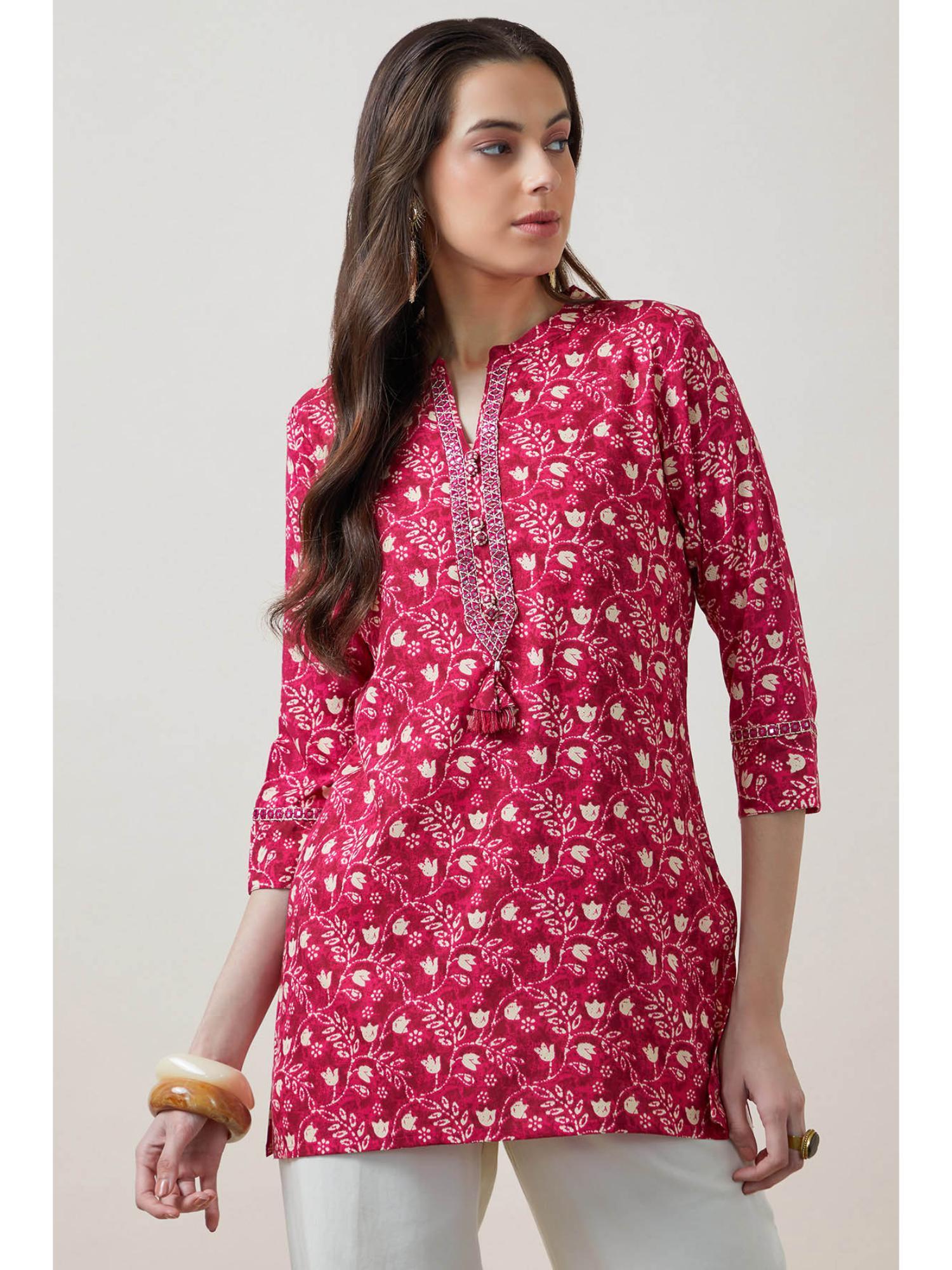 women pink floral printed regular fit rayon kurti