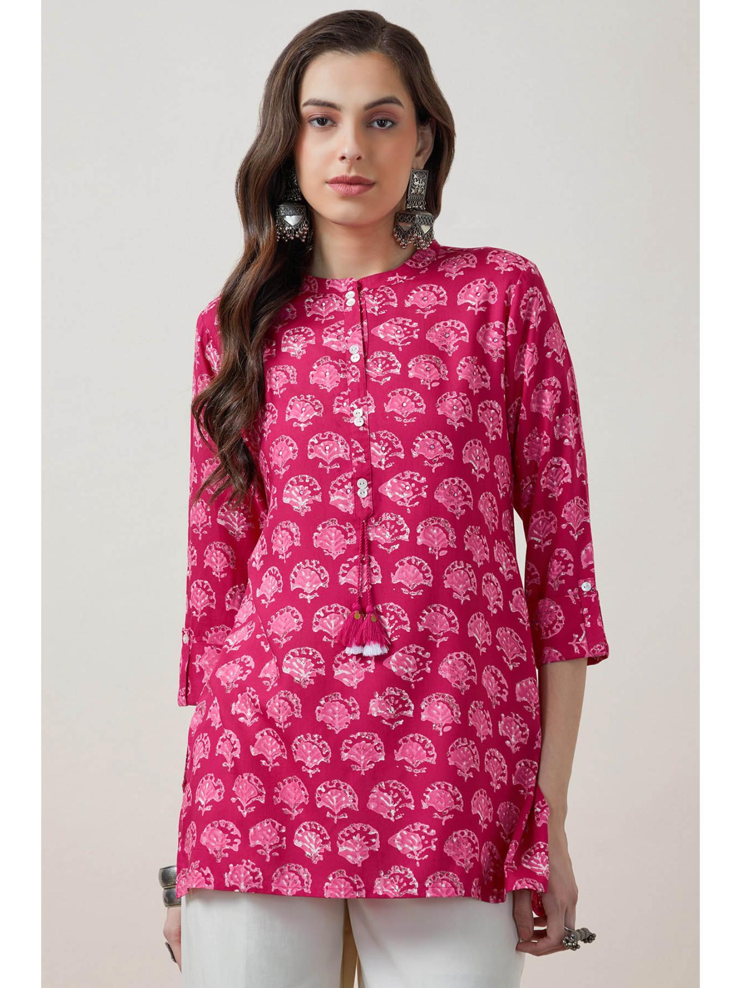 women pink floral printed regular fit rayon kurti