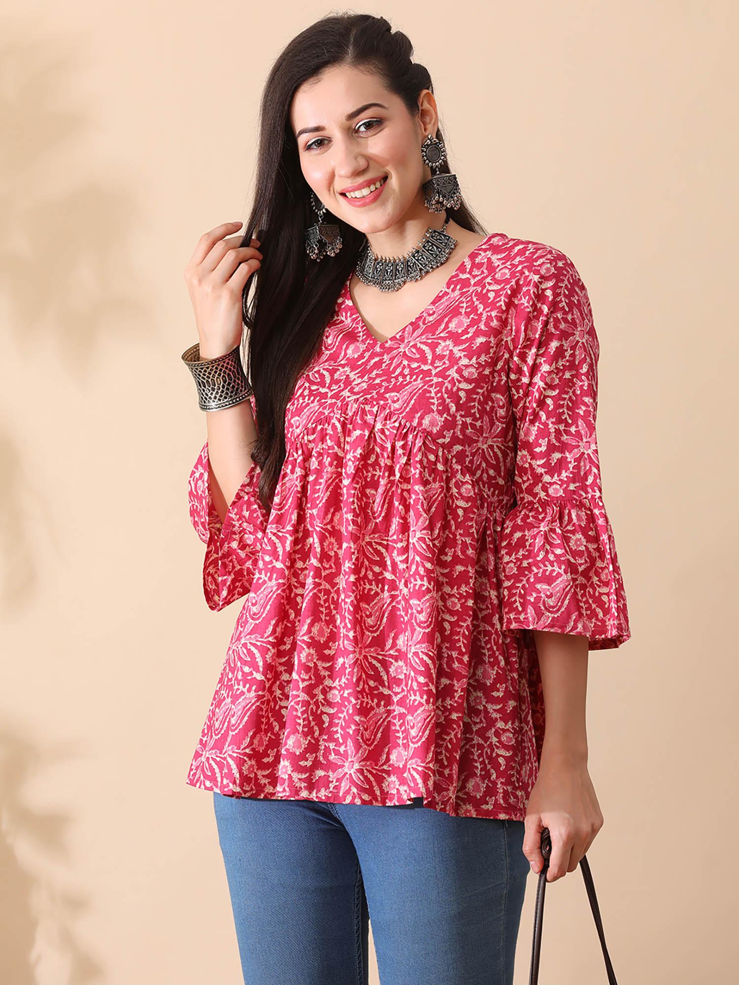 women pink floral printed v-neck bell sleeves gathered a-line aliya cut workwear tunic