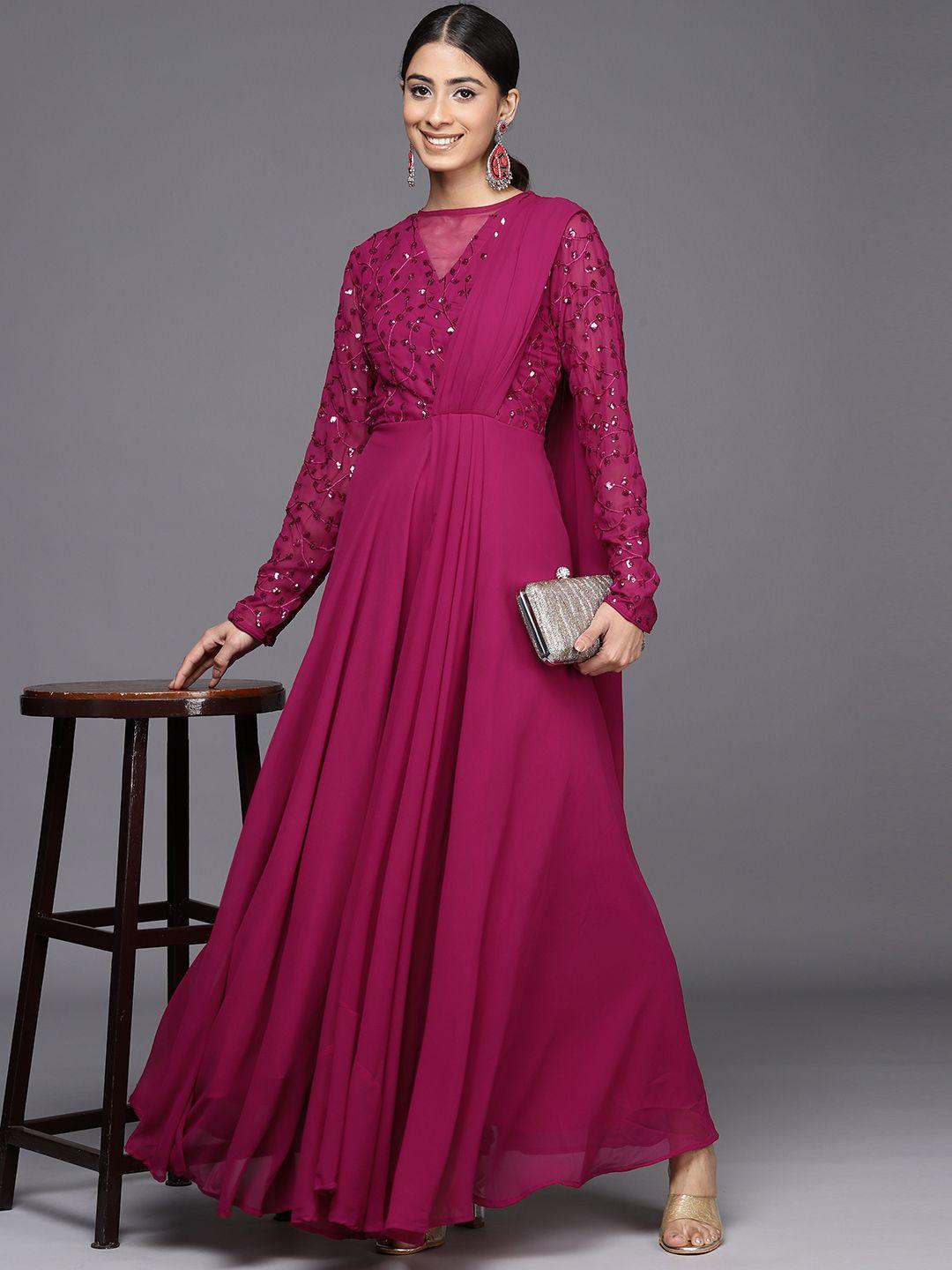 women pink floral sequined embroidered gown with draped dupatta