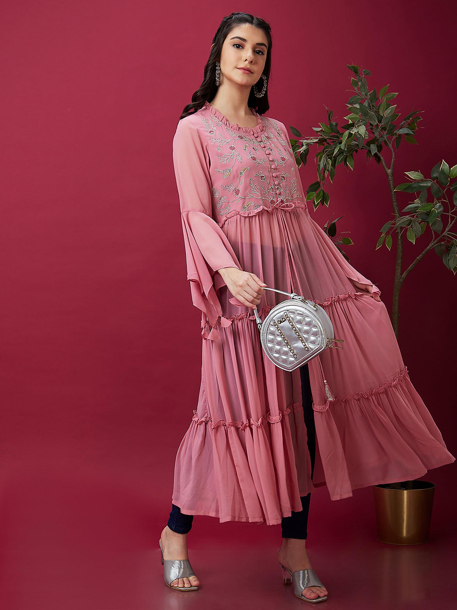 women pink frilled round neck embroidered full sleeve pink tiered kurta