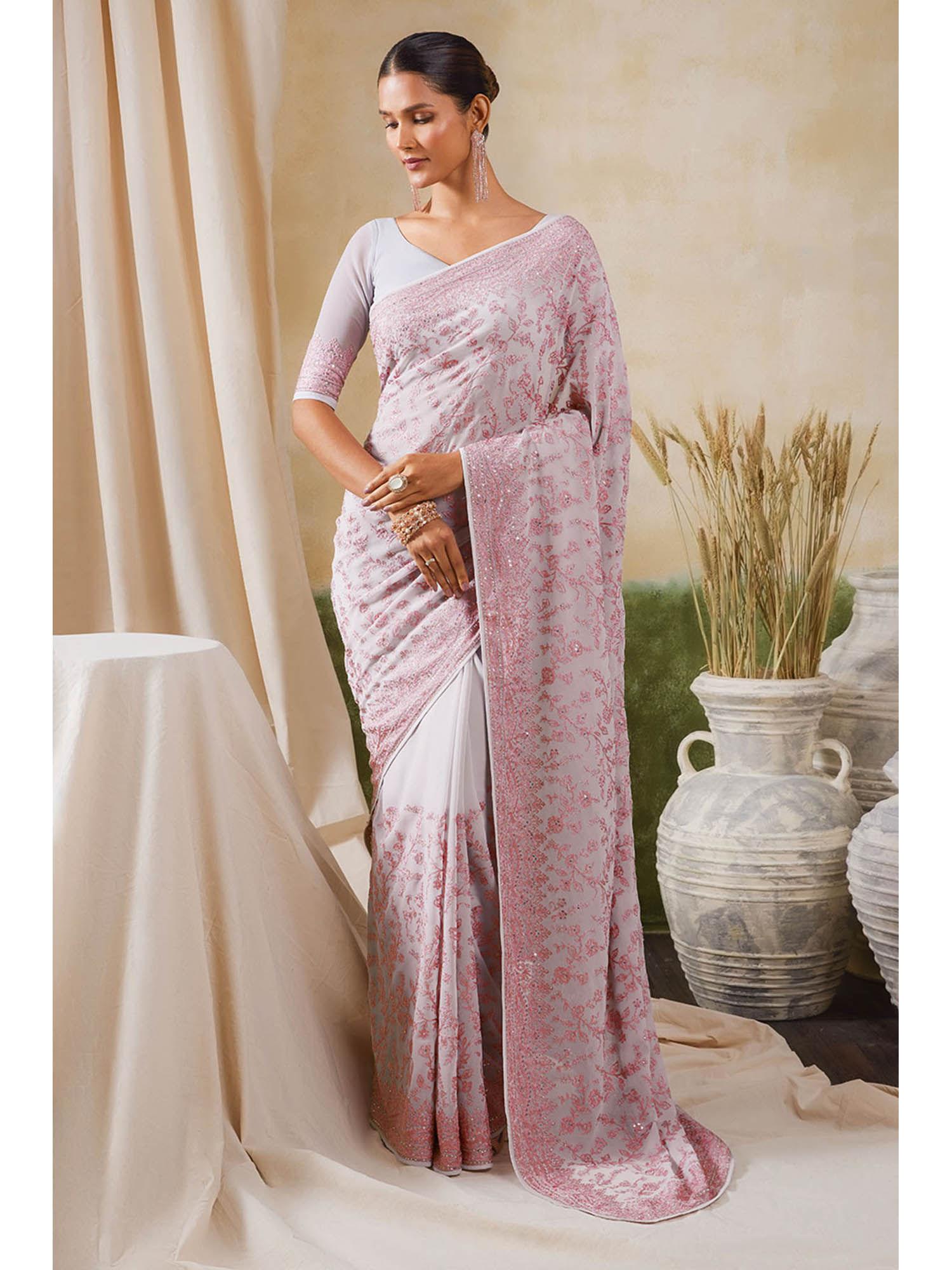 women pink georgette embroidered saree with unstitched blouse