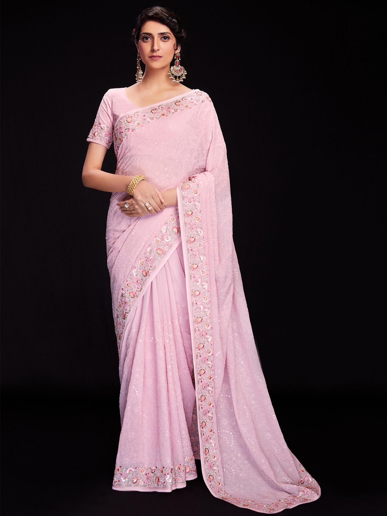 women pink georgette embroidered saree with unstitched blouse