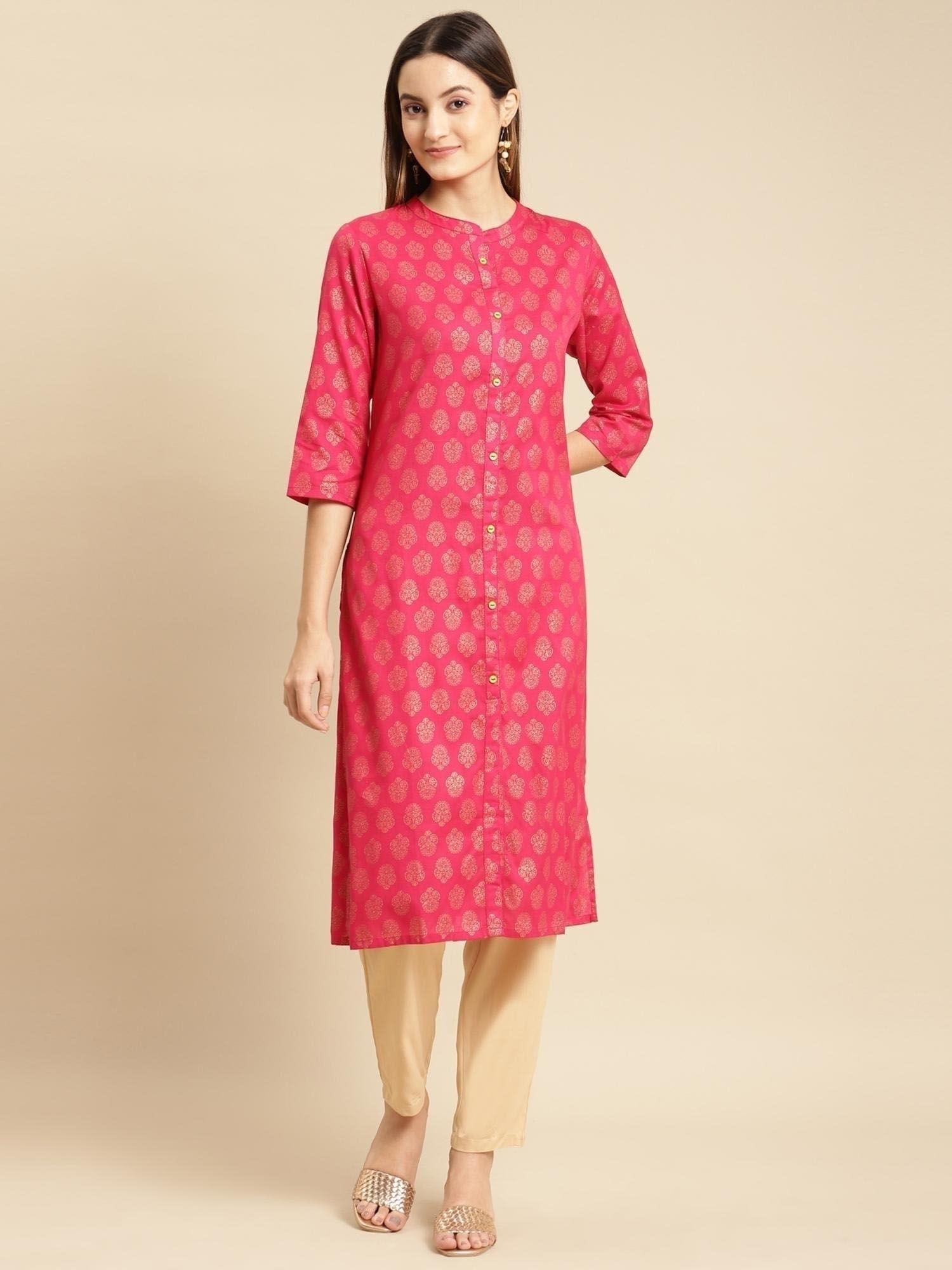 women pink gold printed calf length straight kurta