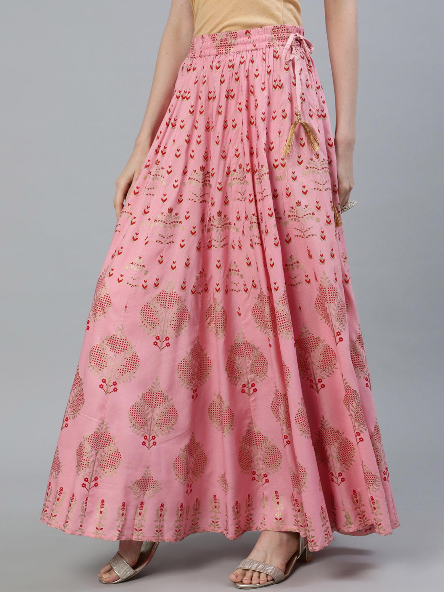 women pink gold printed maxi flared skirt