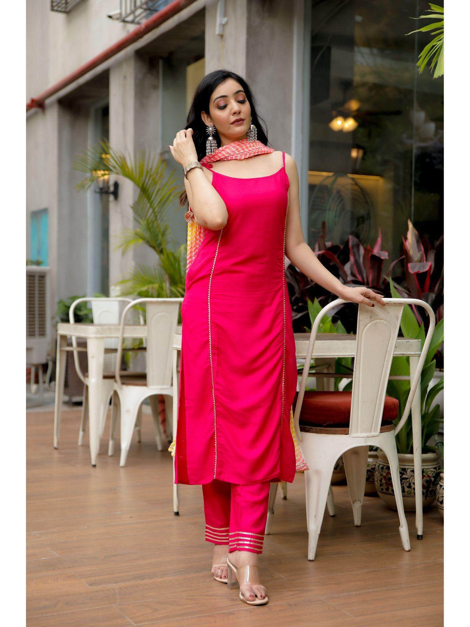 women pink gota embellished kurta with pants and hand chanderi dupatta (set of 3)