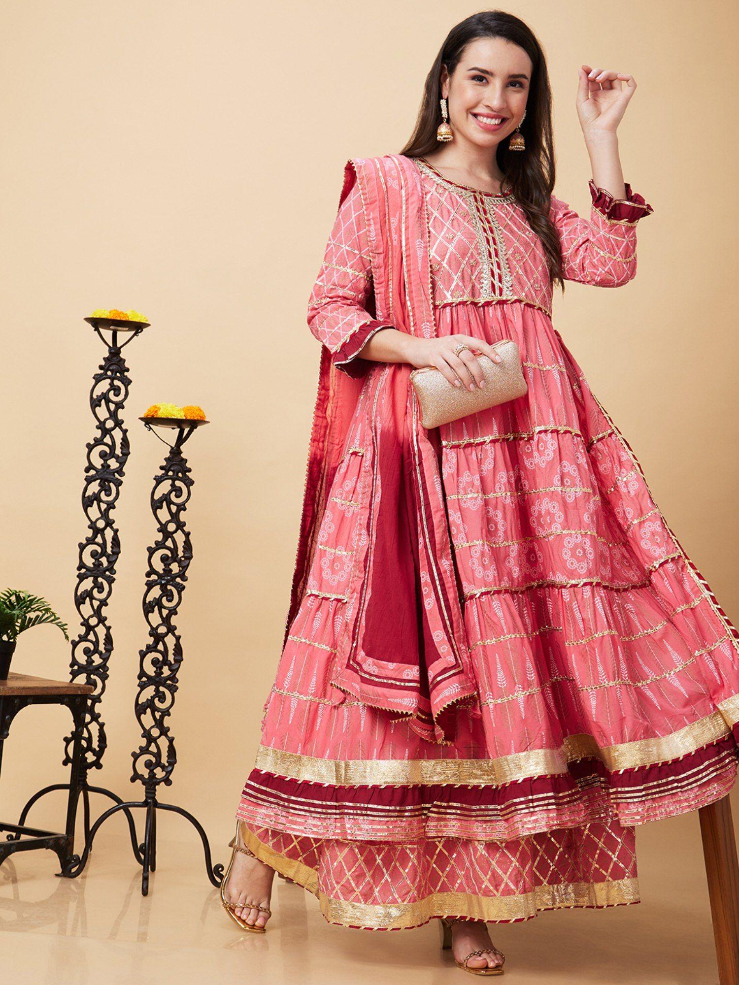 women pink gotta patti & allover printed pleated tiered anarkali kurta with sharara & dupatta