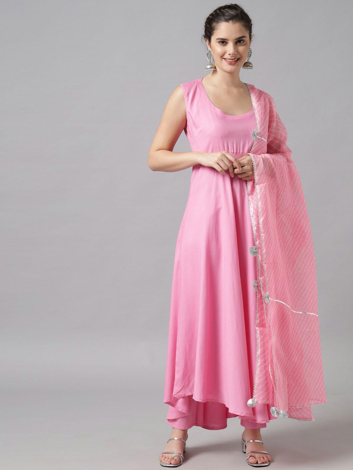 women pink gotta patti kurta with trousers and dupatta (set of 3)