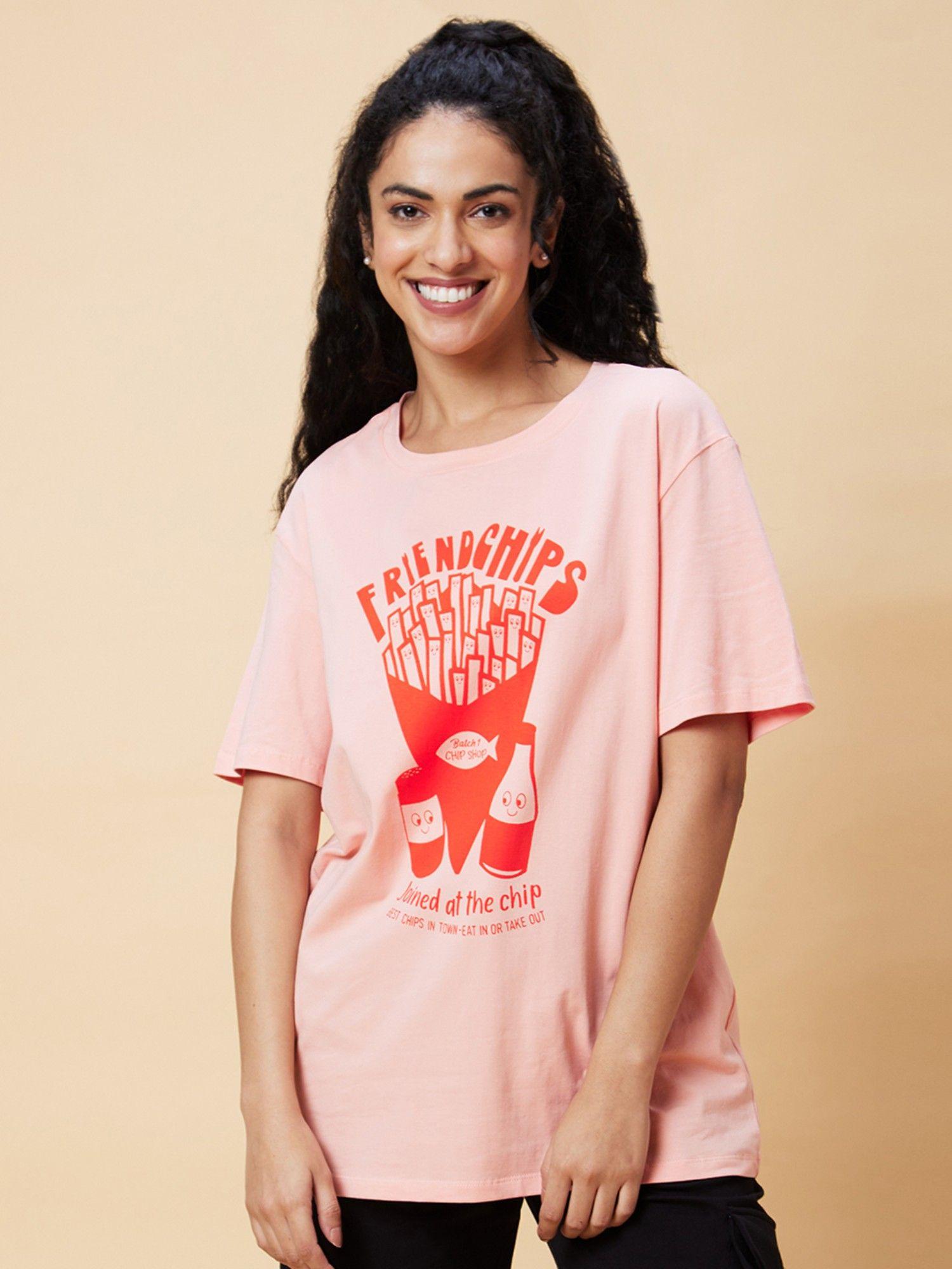 women pink graphic print round neck casual oversized t-shirt