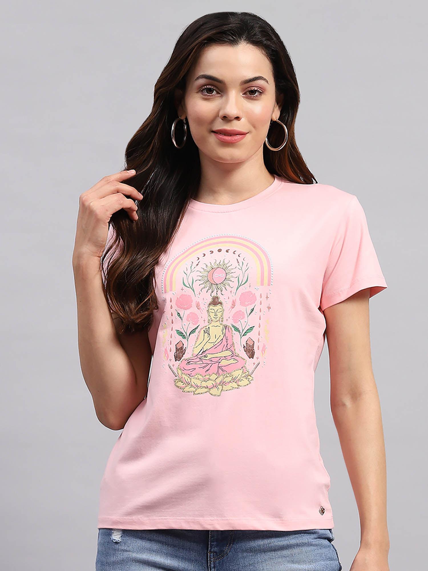 women pink graphic printed half sleeves round neck top