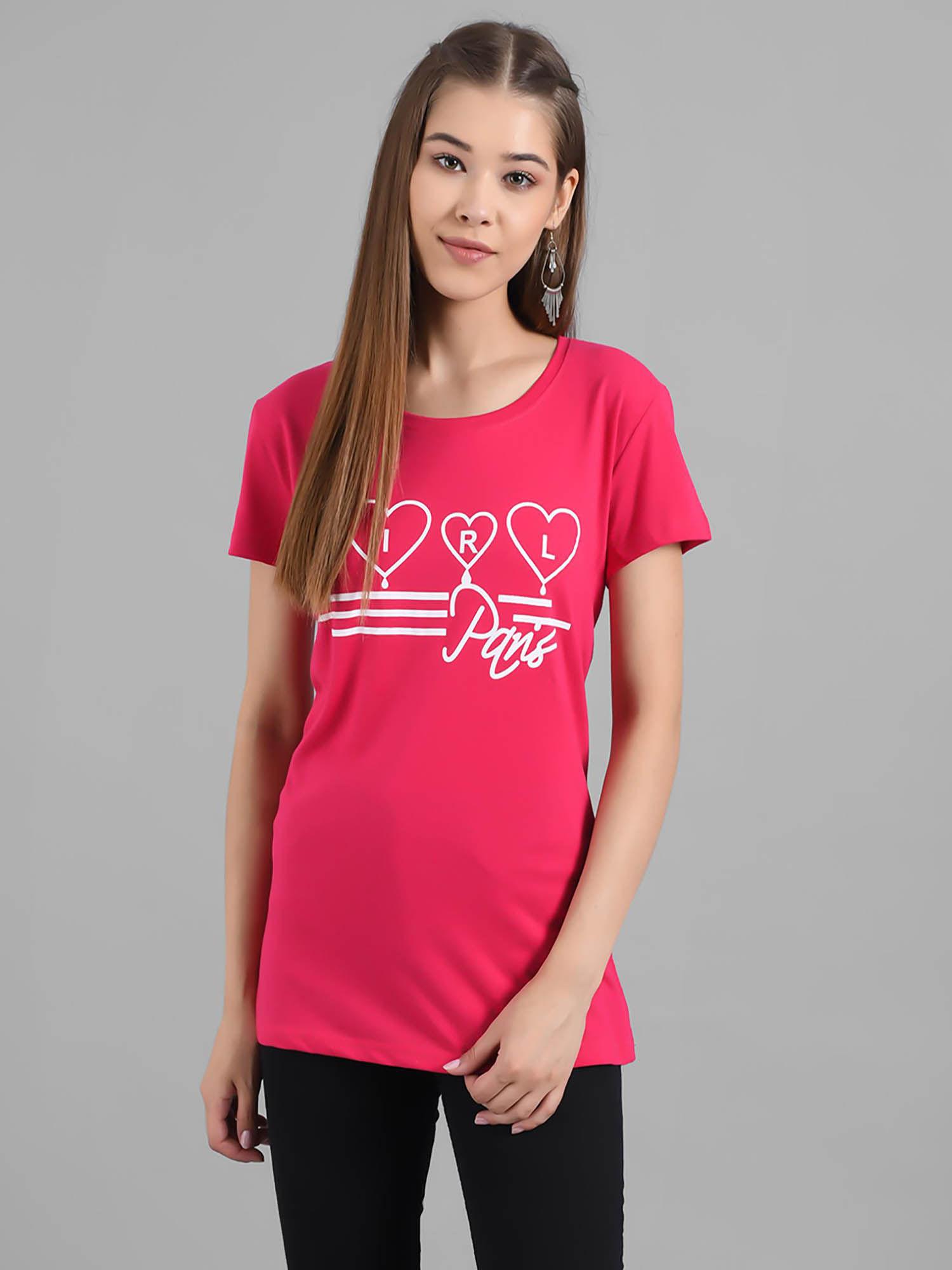 women pink half sleeves round neck printed t-shirt