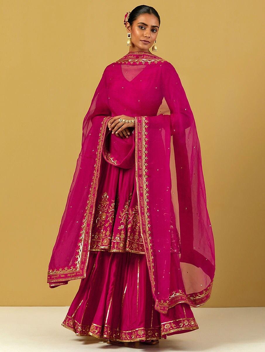 women pink heavy muslin hand embroidery v neck anarkali regular kurta , sharara & dupatta