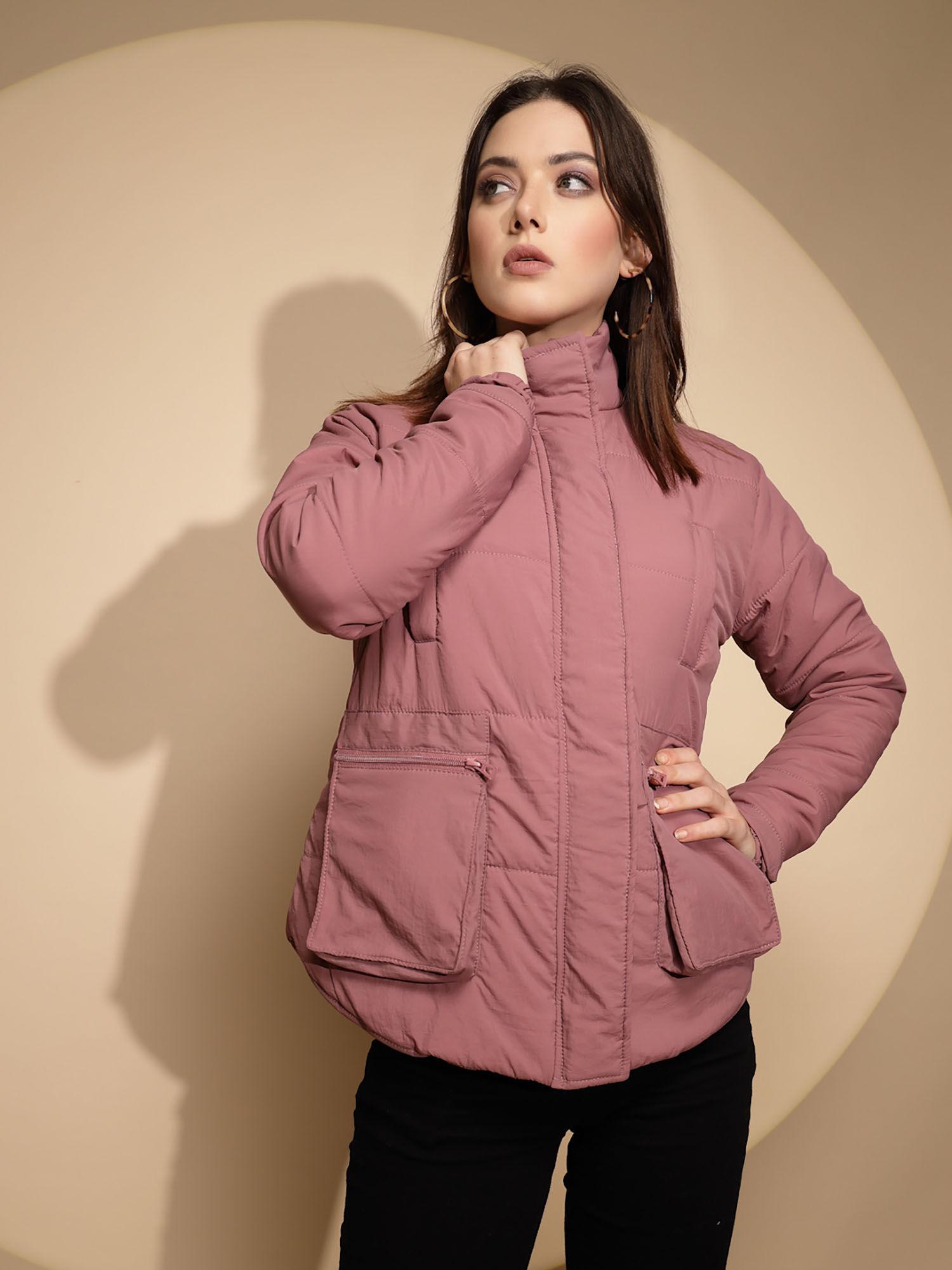 women pink high neck plain jacket