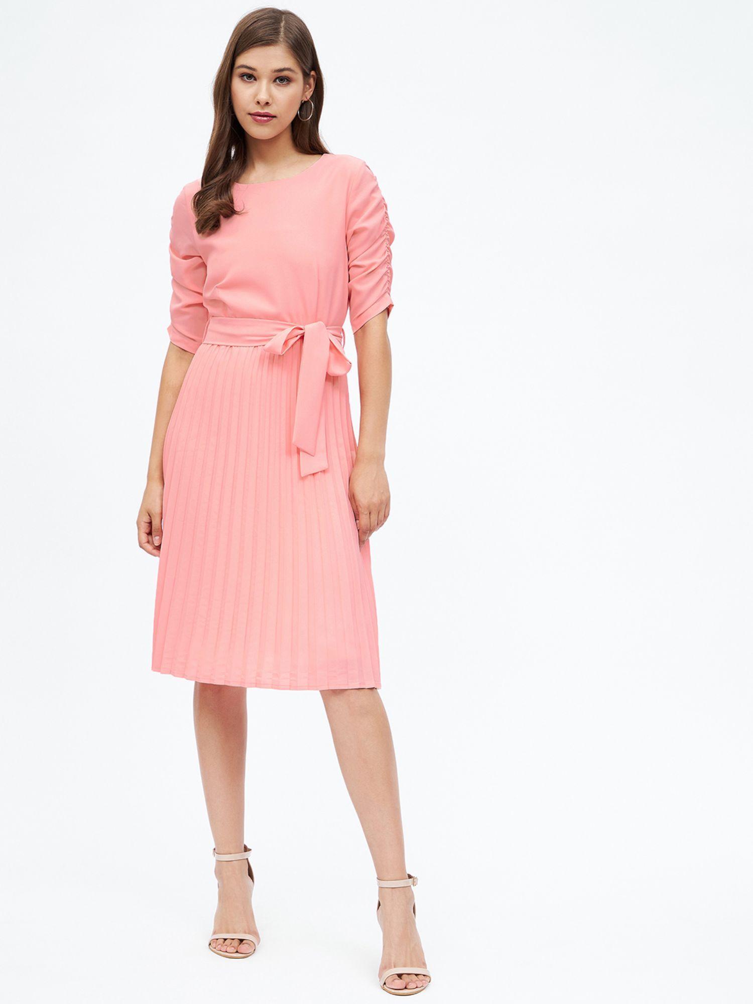 women pink knee length solid round neck half sleeves dress with belt (set of 2)