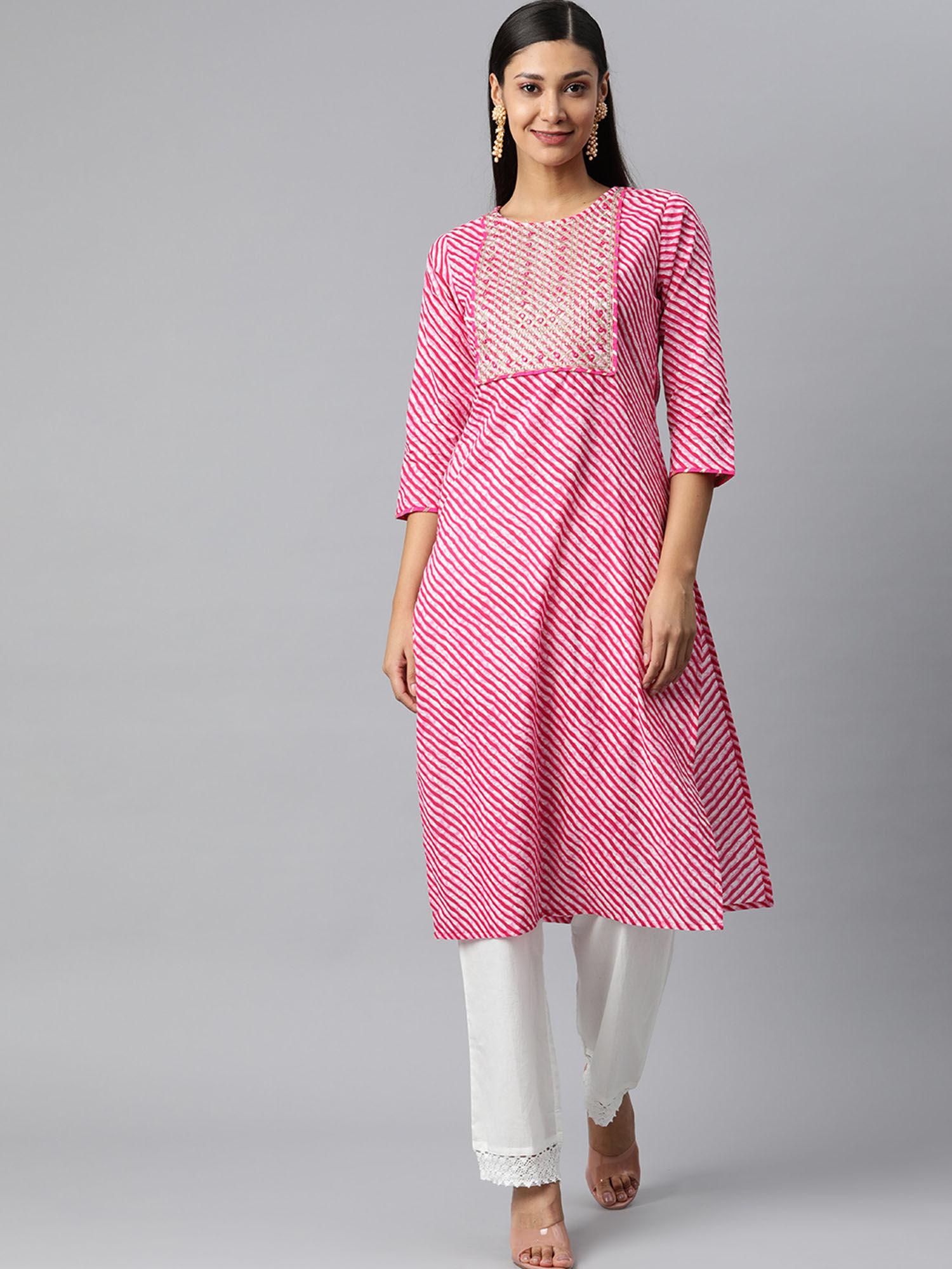 women pink leheriya embroidered kurta